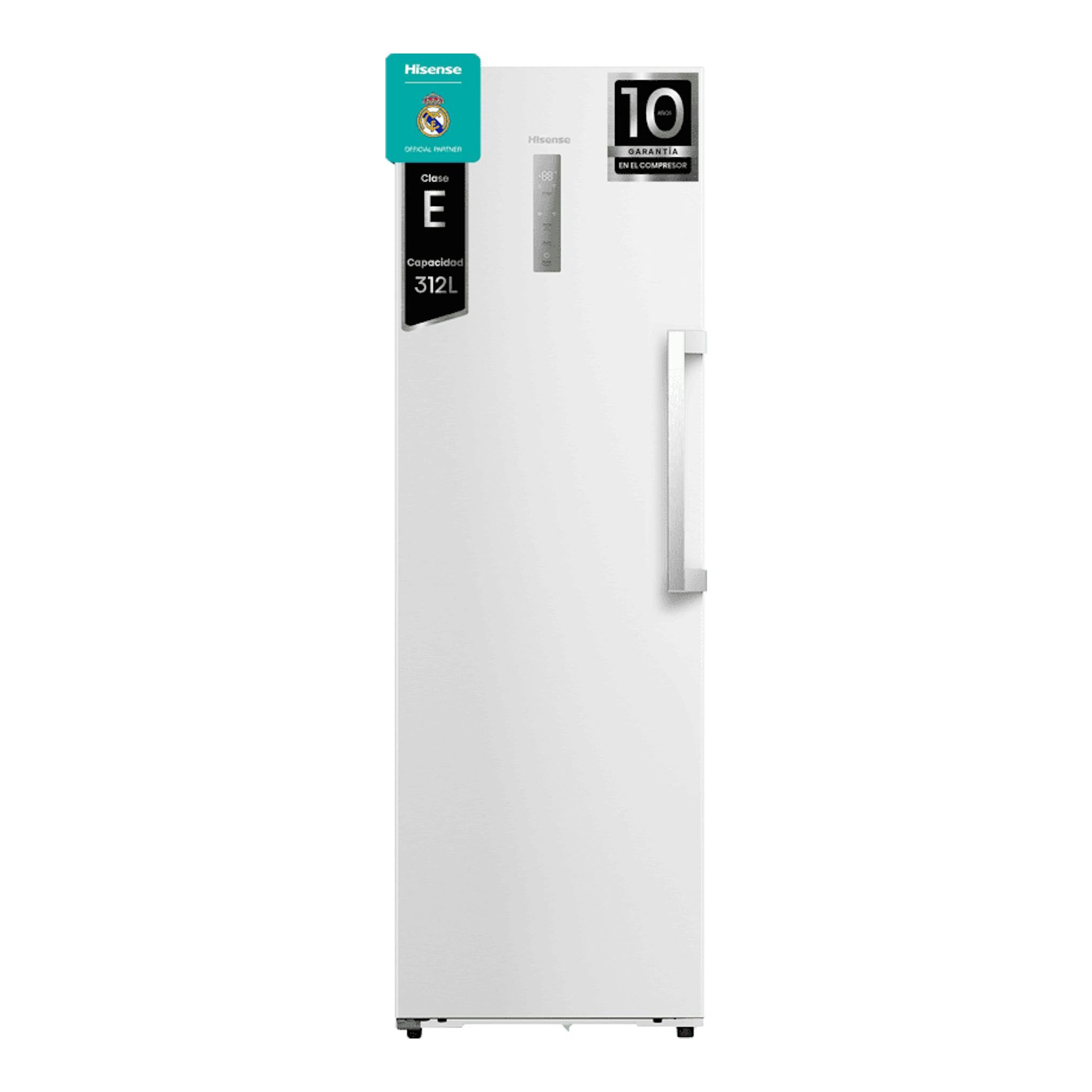 Congelador vertical Hisense FT3K310SEWE1 blanco, vista frontal, con asa derecha, Clase E y 312 L.