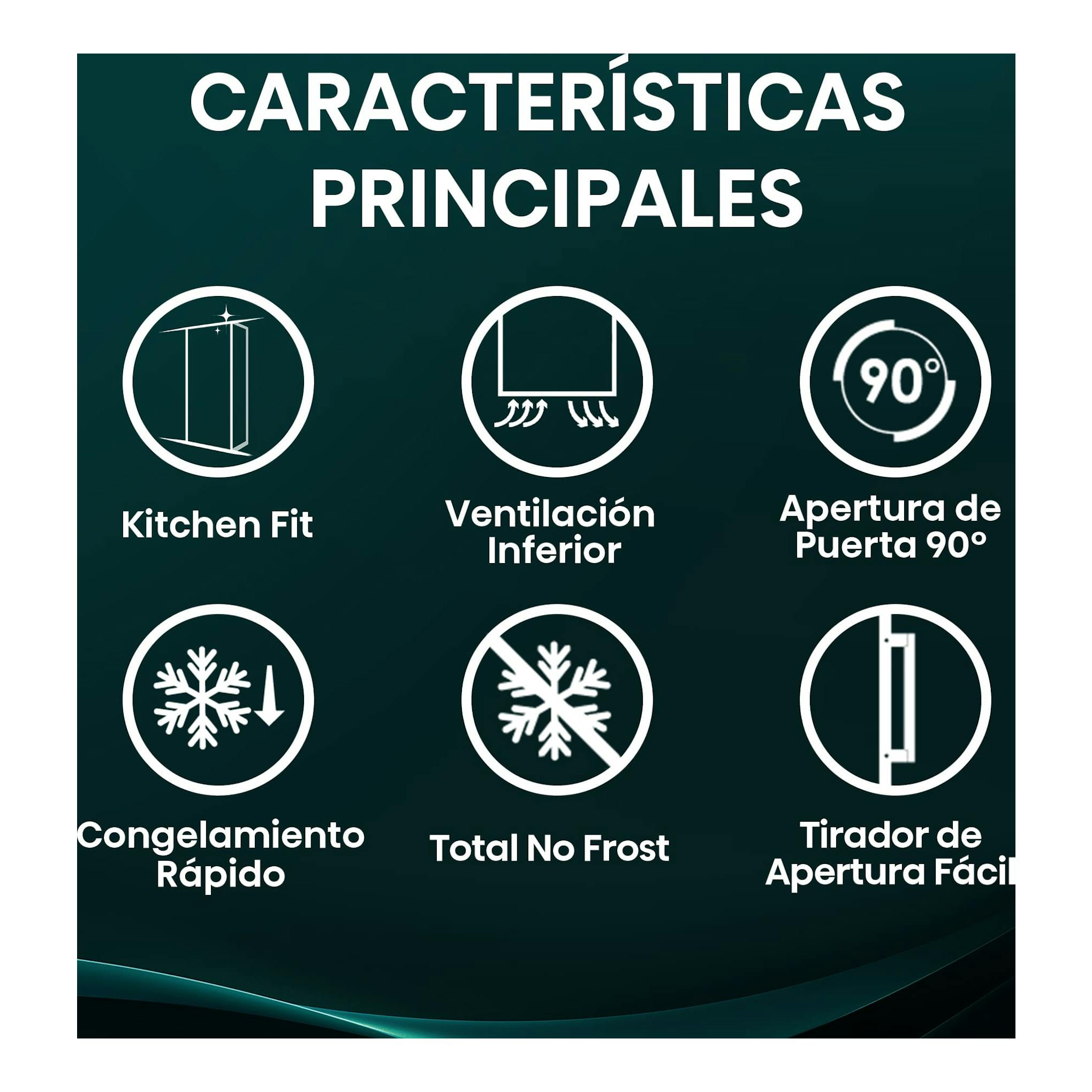 Gráfico de características del congelador vertical Hisense FT3K310SEWE1, con iconos sobre fondo verde.