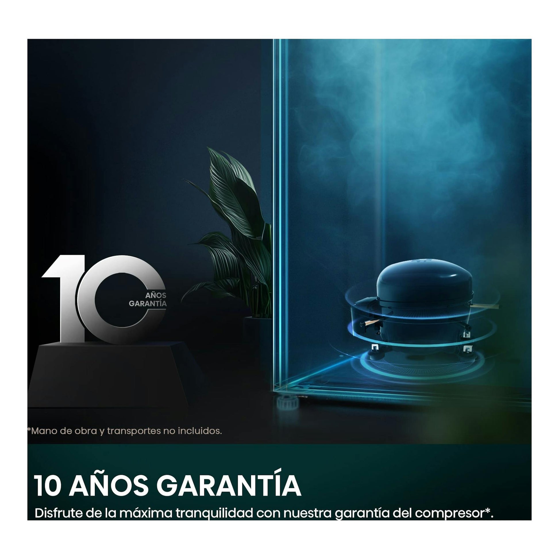 Gráfico promocional del congelador vertical Hisense FT3K310SEWE1 con texto de 10 años de garantía.