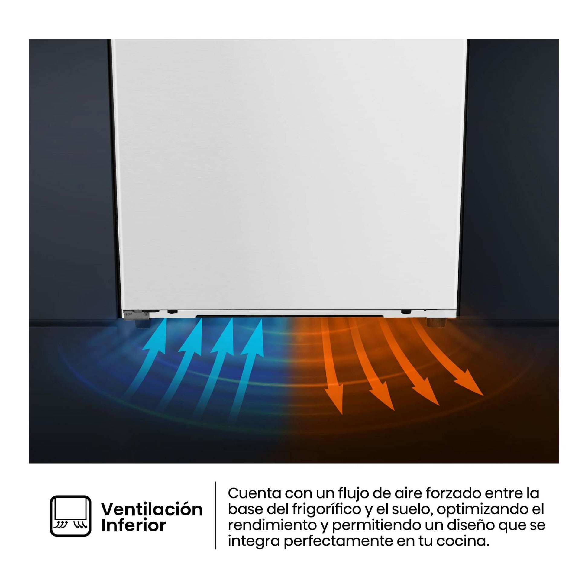 Congelador vertical Hisense FT3K310SEWE1 blanco, vista frontal inferior, con ventilación inferior y flechas de aire.