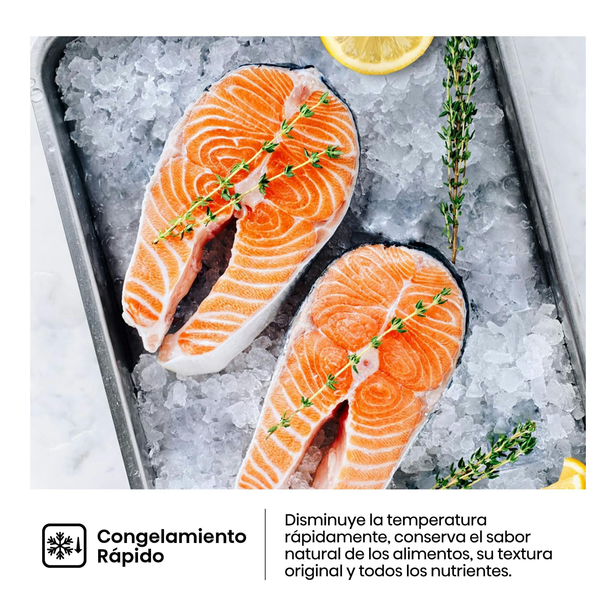 Hisense FT3K310SEWE1: filetes de salmón sobre hielo con texto de congelamiento rápido.