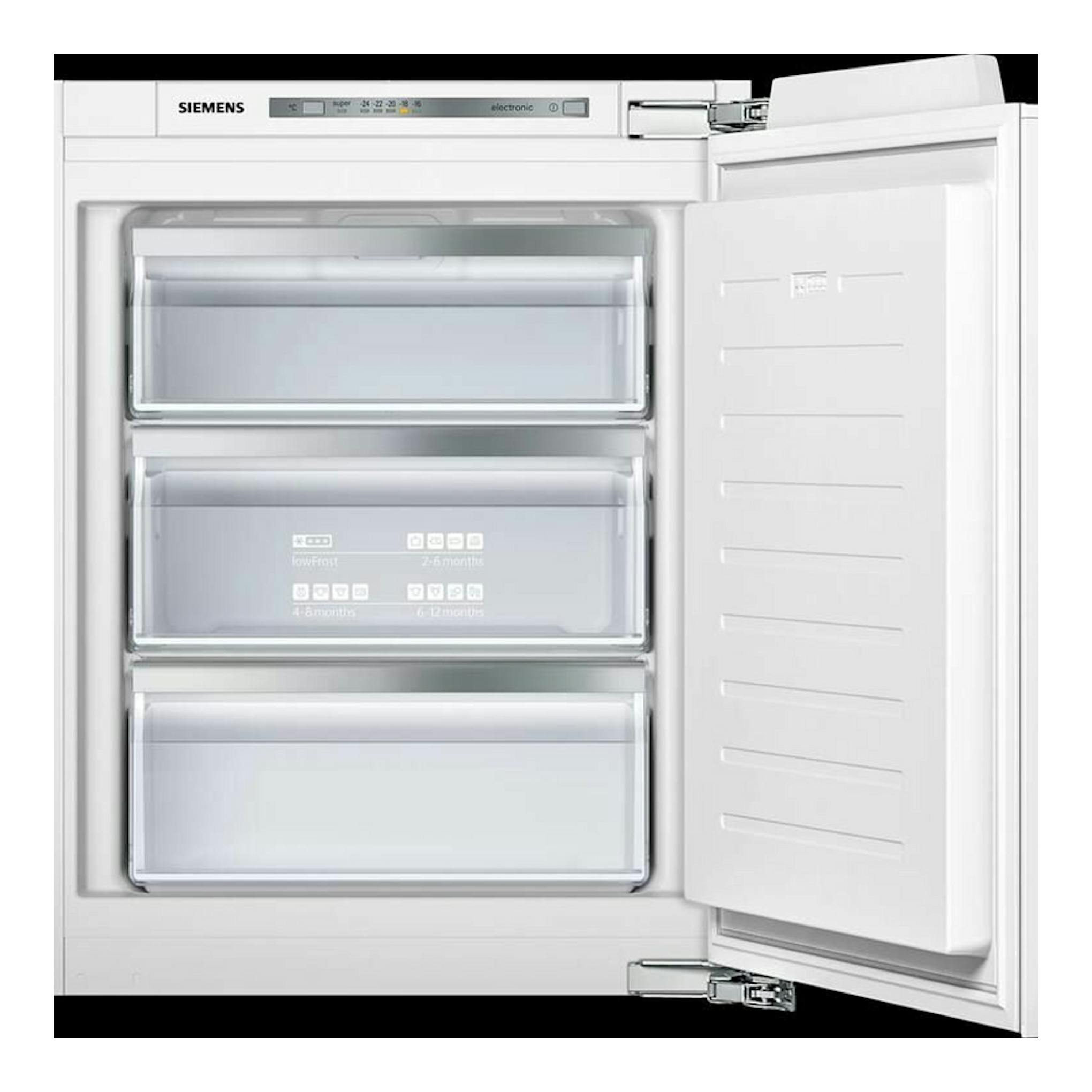 Congelador vertical integrable Siemens GI11VAFE0 en blanco, puerta abierta, vista frontal con tres cajones.