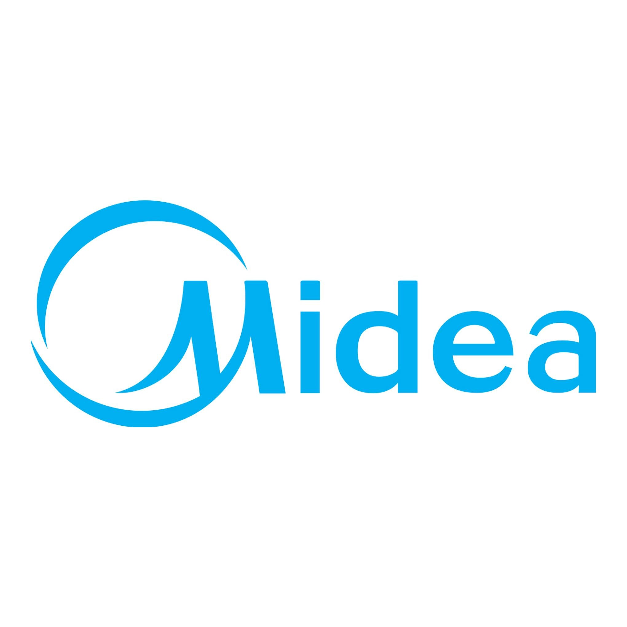 Logotipo azul de Midea sobre fondo blanco, vista frontal.