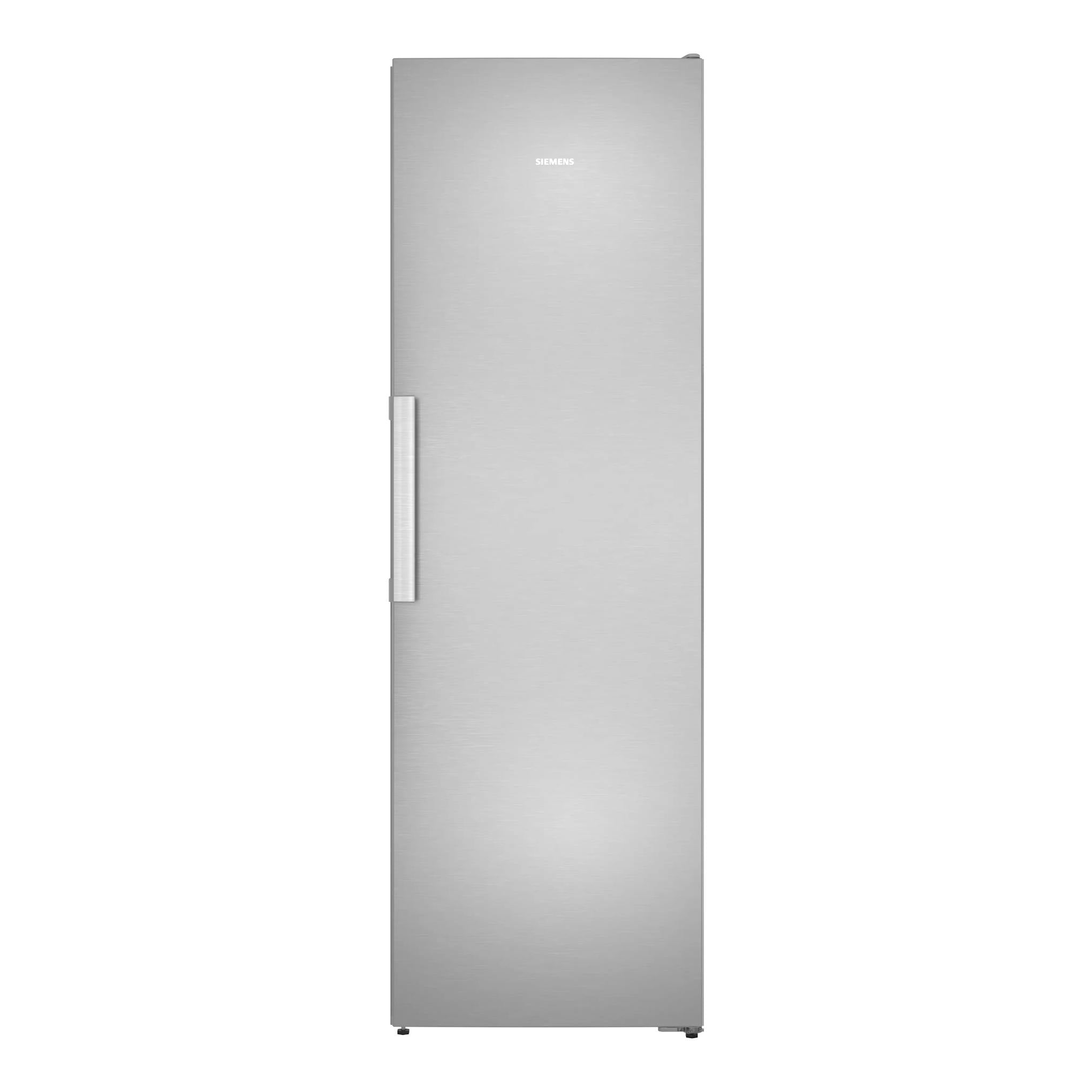 Congelador vertical Siemens GS36NVIDG de inox, vista frontal, con asa lateral izquierda.