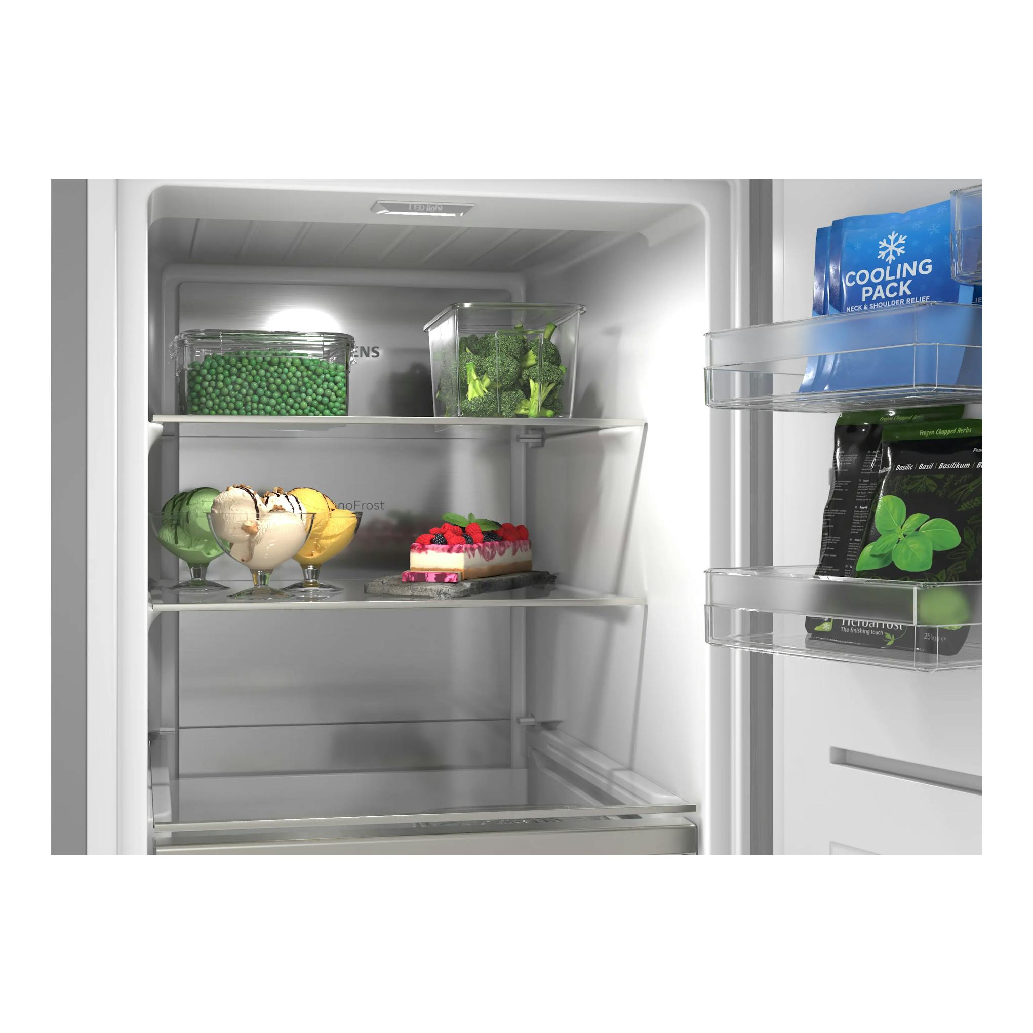 Interior de congelador vertical Siemens, vista frontal abierta, con cajones transparentes y alimentos congelados.
