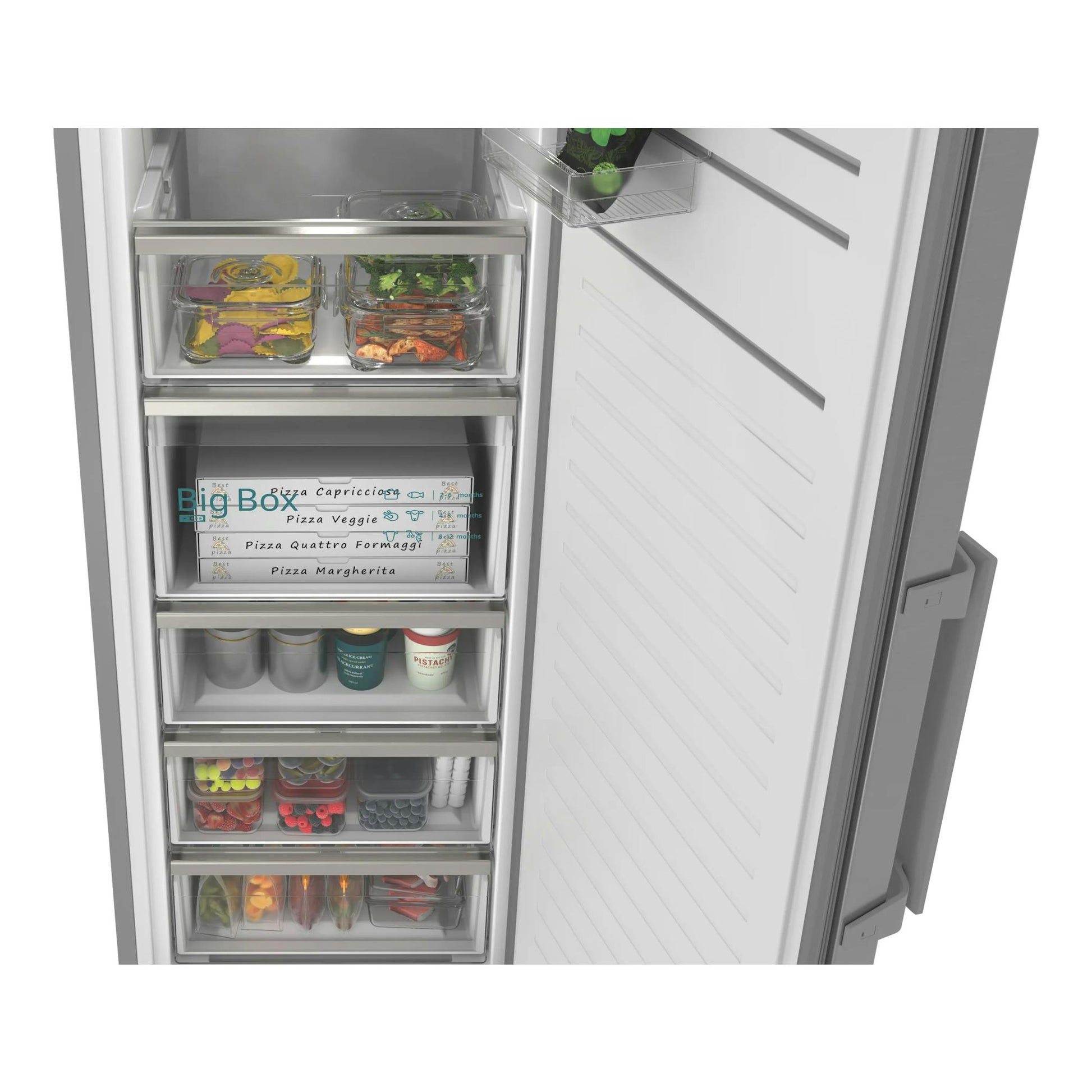 Congelador vertical Siemens GS36NVIDG en inox, vista frontal abierta, con cajones y compartimentos.