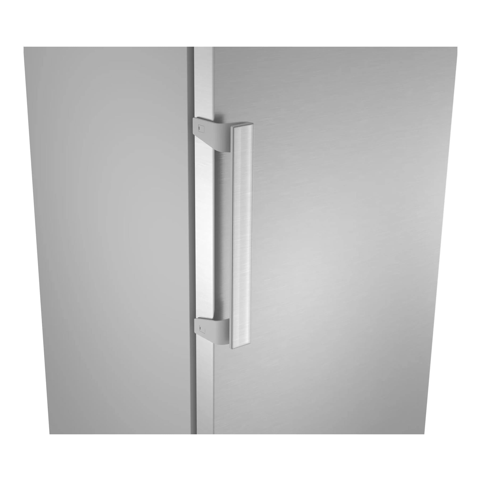 Congelador vertical Siemens GS36NVIDG de inox, con asa frontal vista en primer plano.