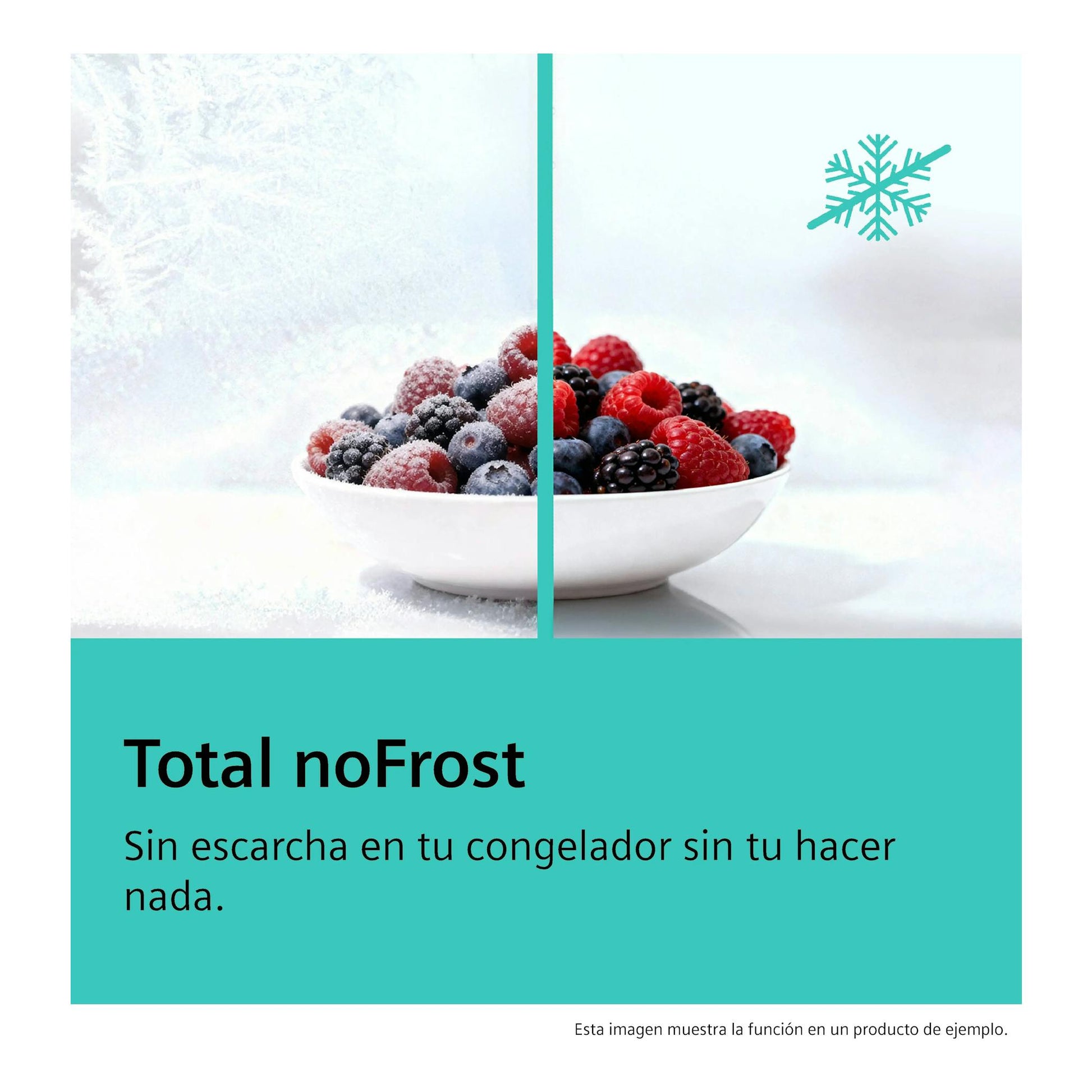 Gráfico promocional de Siemens GS36NVIDG sobre Total noFrost, con un cuenco de frutos rojos congelados.