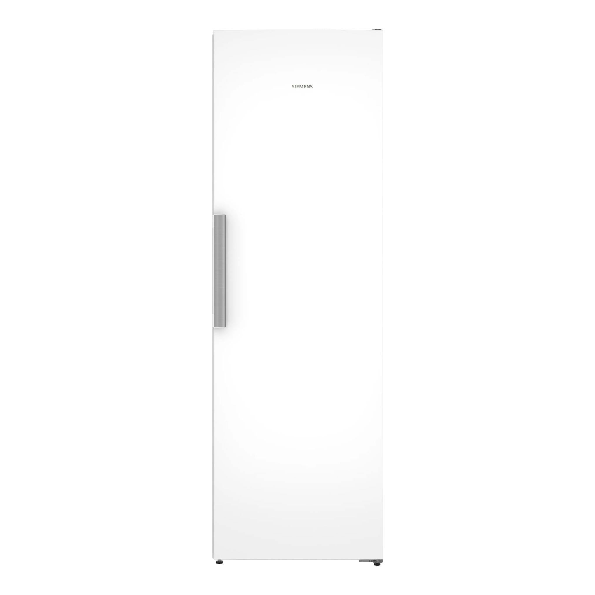 Congelador vertical Siemens GS36NVWDG blanco, vista frontal, con tirador lateral.