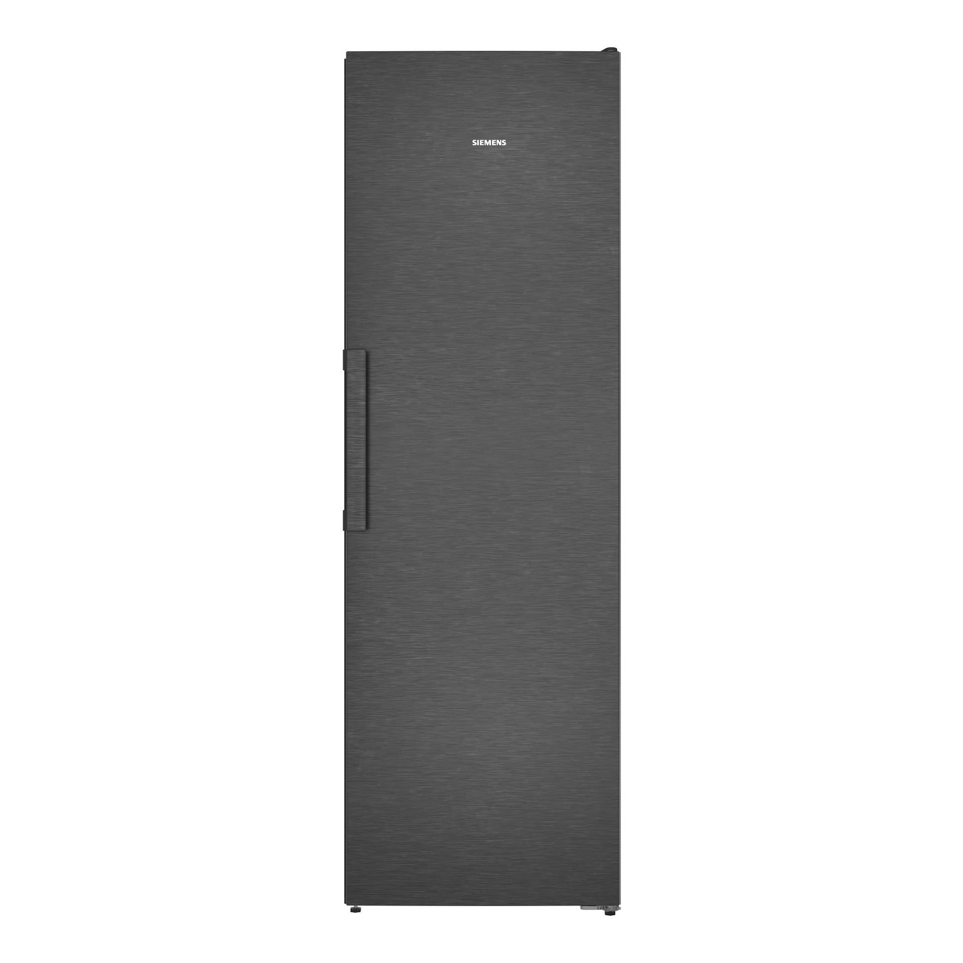 Congelador vertical Siemens GS36NVXCG, vista frontal, negro antihuellas, con tirador lateral izquierdo.