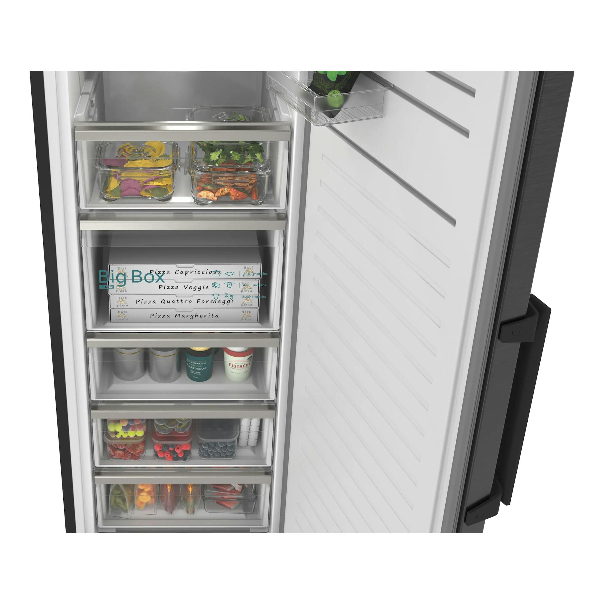Congelador vertical Siemens GS36NVXCG abierto, interior blanco con cajones transparentes y alimentos.