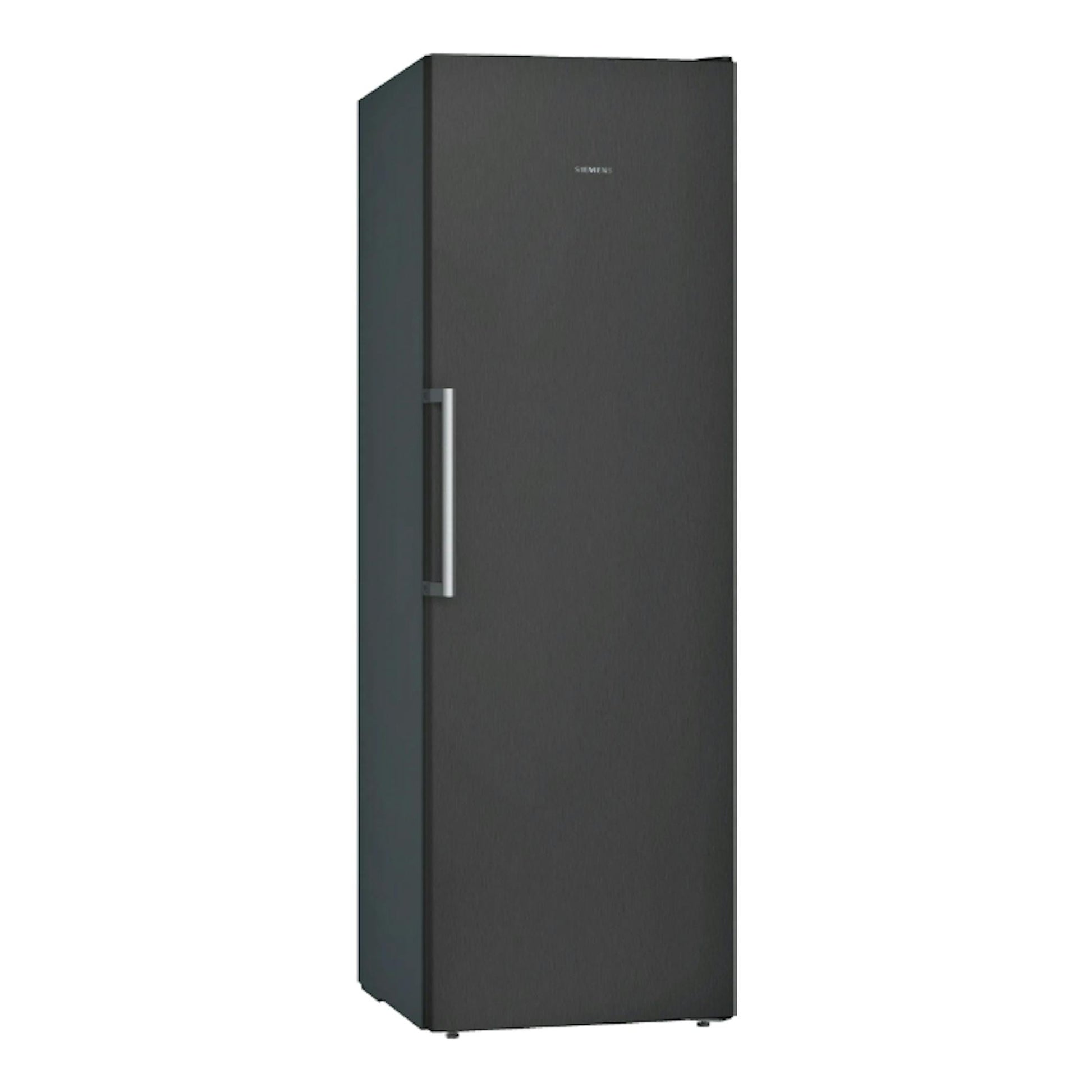 Congelador vertical Siemens GS36NVXEV negro, vista frontal ligeramente angular, con tirador lateral izquierdo.