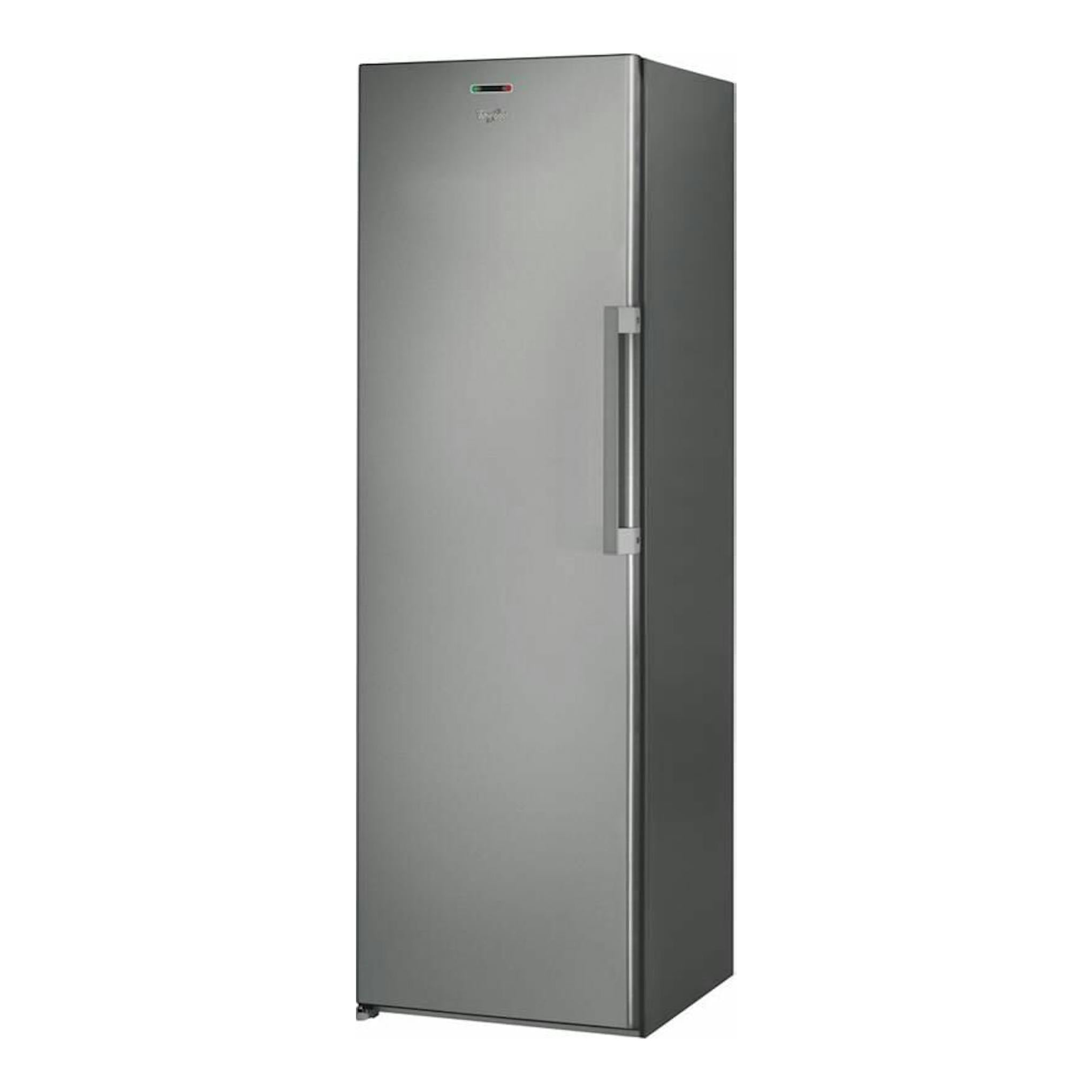 Congelador vertical Whirlpool UW8F2YXBIF2 inox, vista frontal en ángulo, puerta gris con tirador lateral.