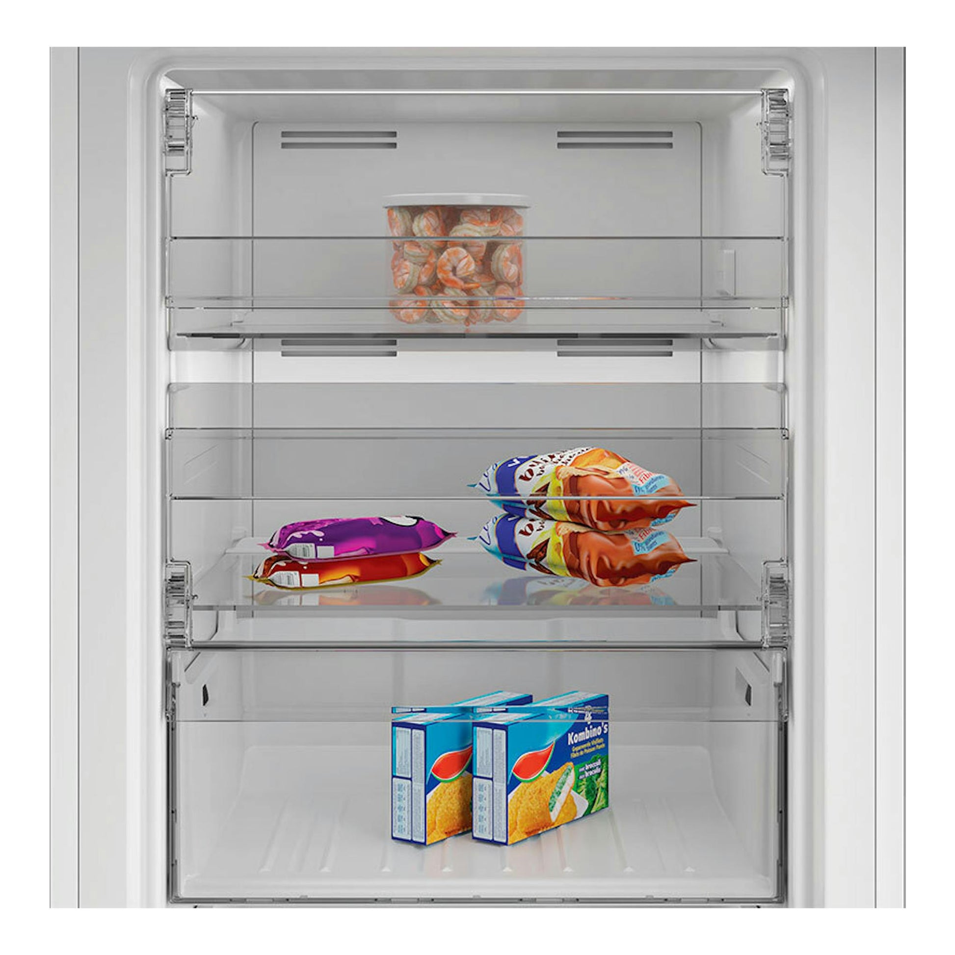 Congelador Whirlpool WHMFF 1292 W4E blanco, vista frontal interior con cajones transparentes y alimentos congelados.