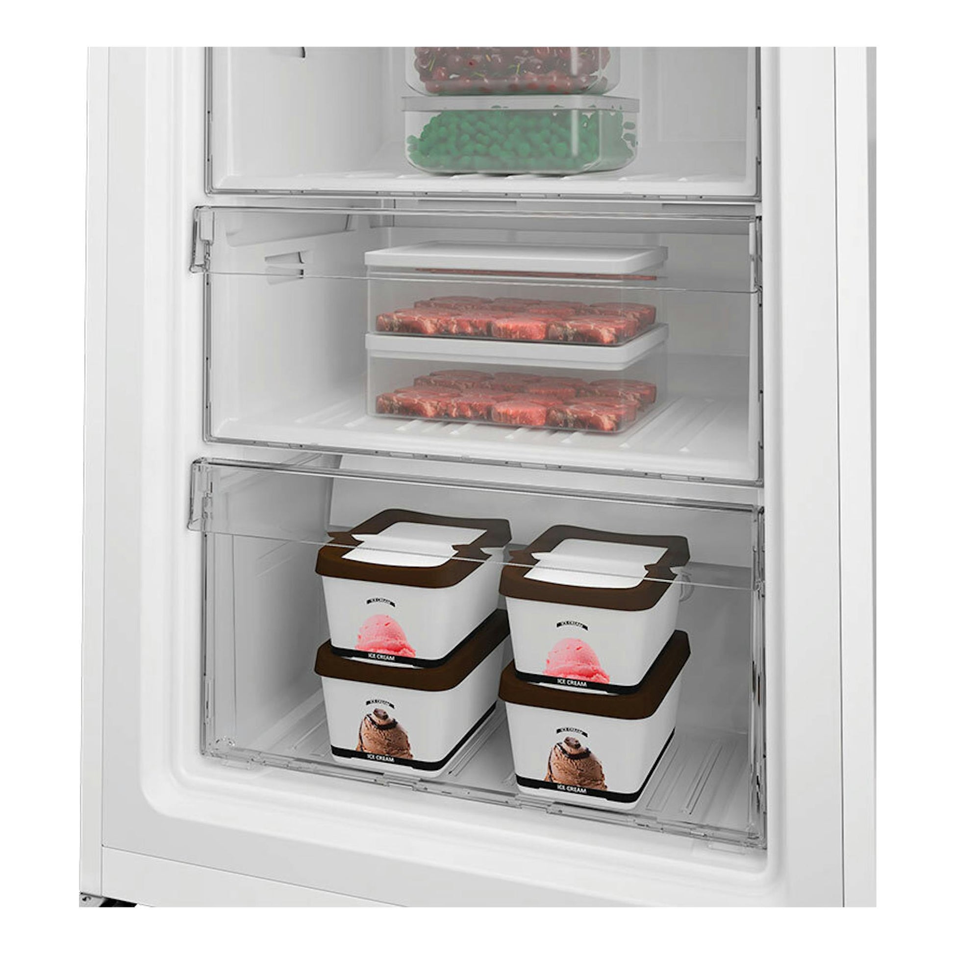 Congelador Whirlpool WHMFF 1292 W4E blanco, vista frontal del interior con cajones y alimentos congelados.