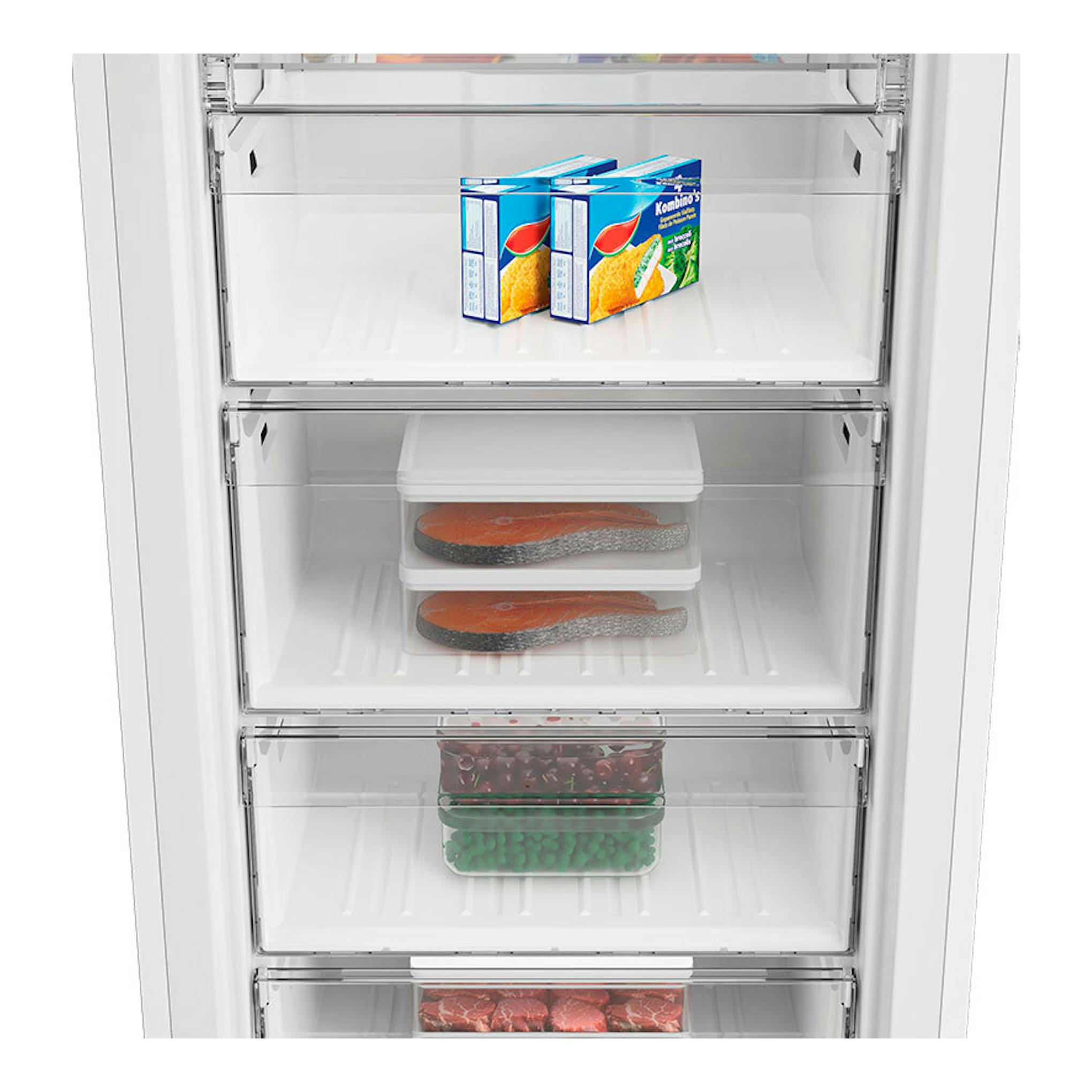Congelador Whirlpool WHMFF 1292 W4E blanco, vista frontal del interior con cajones y alimentos congelados.