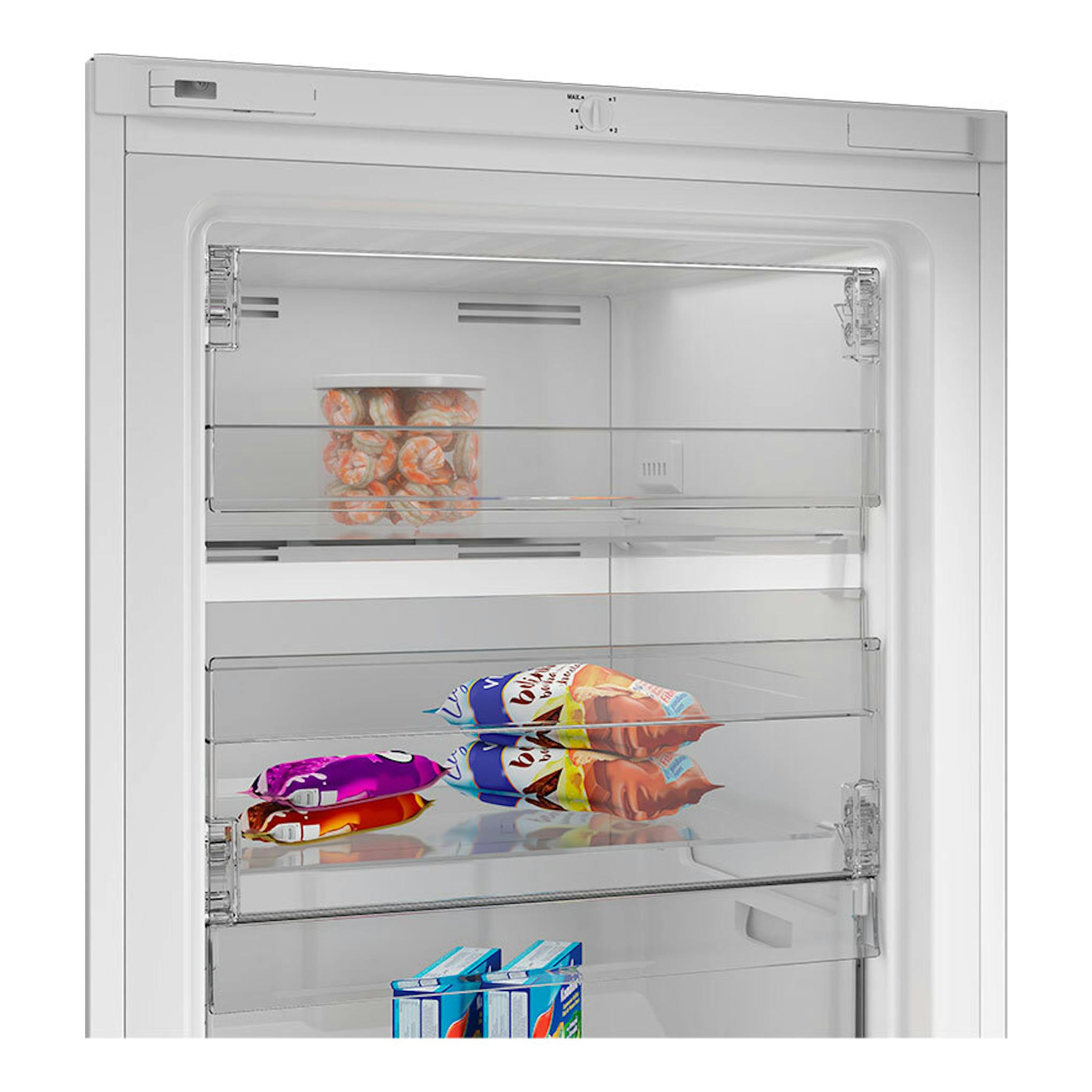 Congelador Whirlpool WHMFF 1292 W4E blanco, vista frontal interior con baldas transparentes y alimentos.