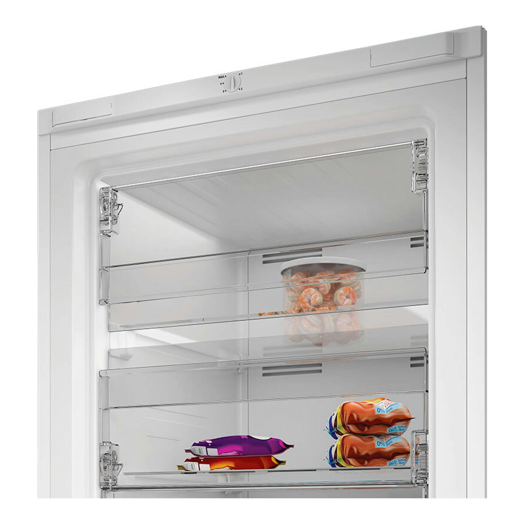 Congelador Whirlpool WHMFF 1292 W4E blanco, vista frontal del interior abierto con cestas transparentes.