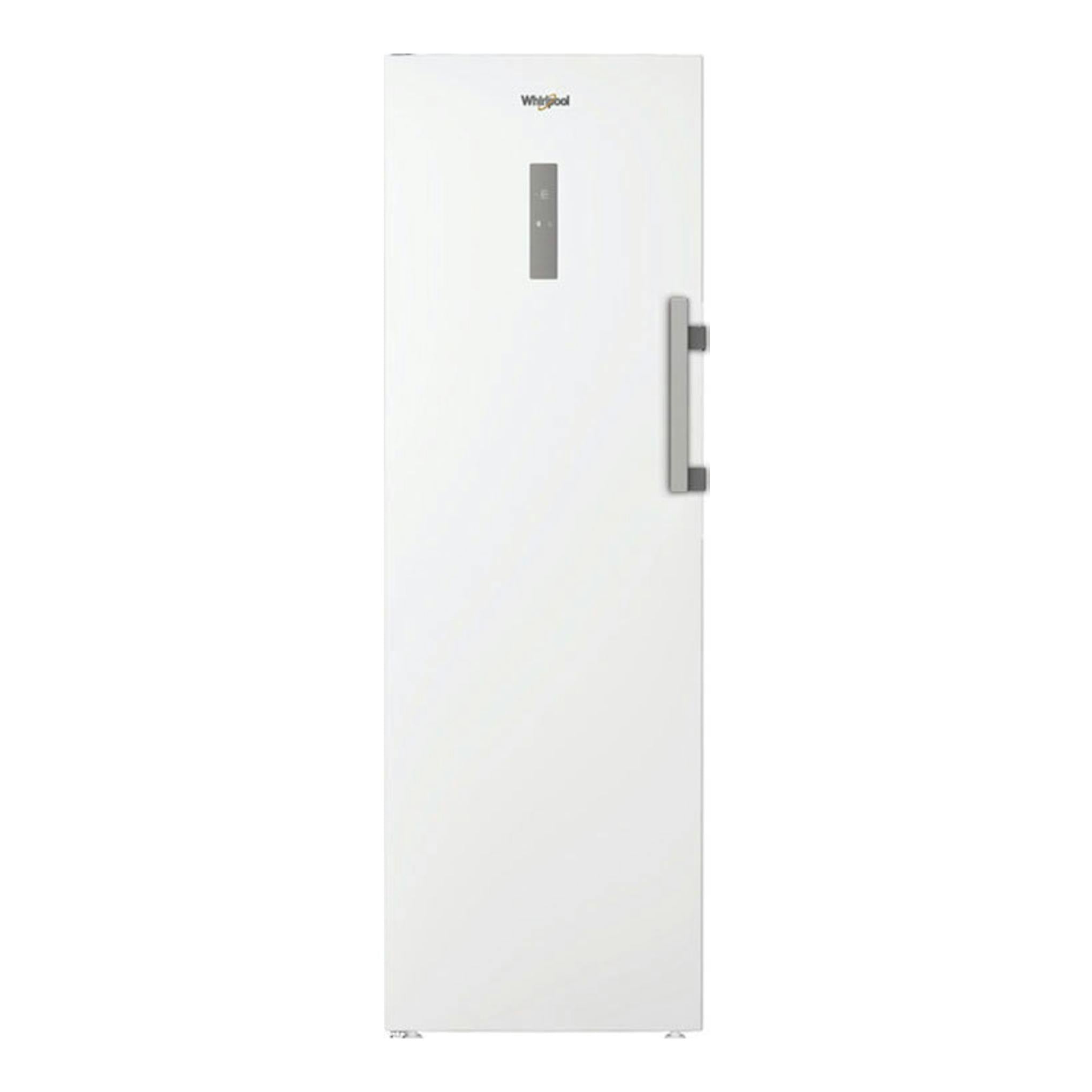 Congelador vertical Whirlpool WHMFF 6312 W4E blanco, vista frontal, con asa lateral y panel superior.