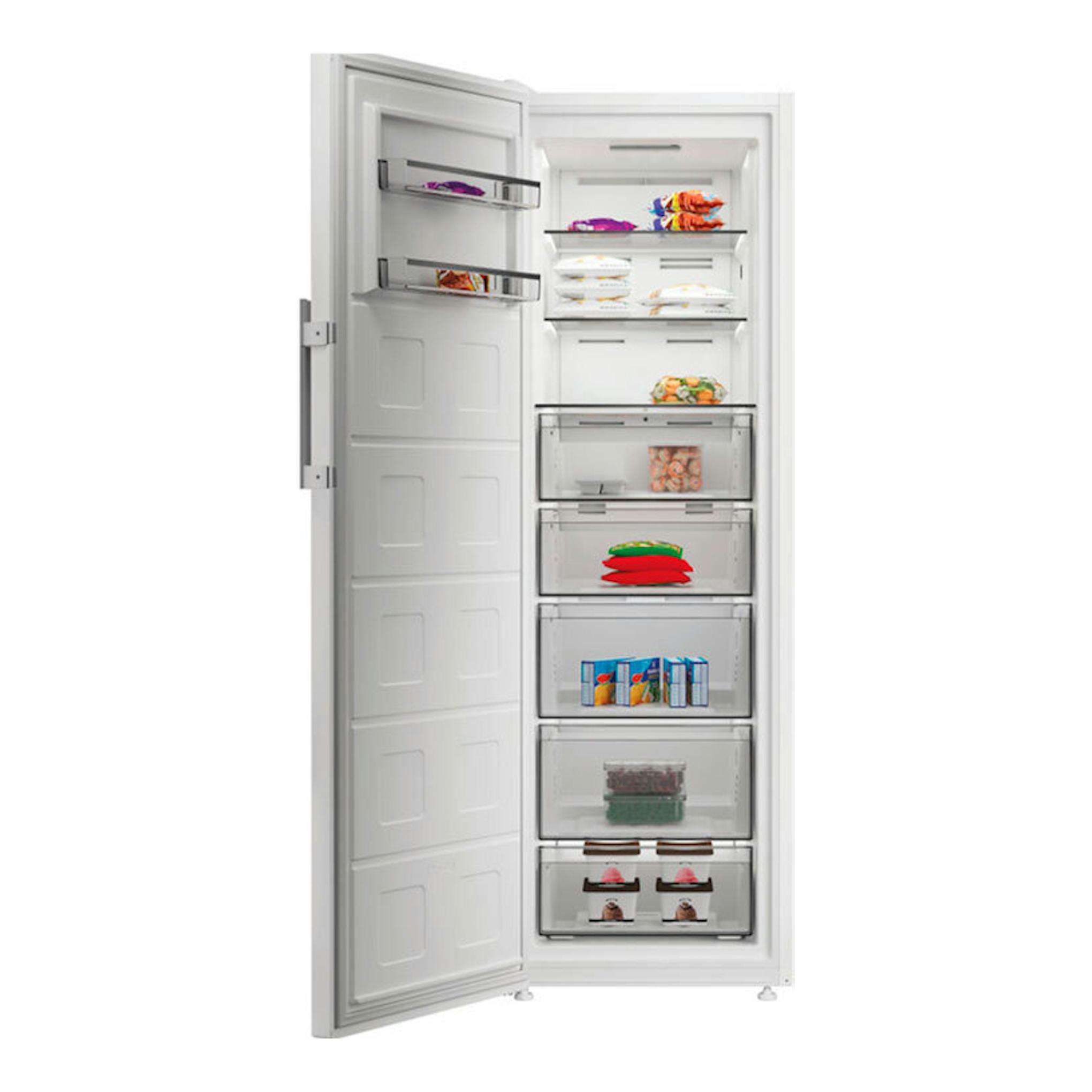 Congelador vertical Whirlpool WHMFF 6312 W4E blanco, puerta abierta, vista frontal, con cajones transparentes.