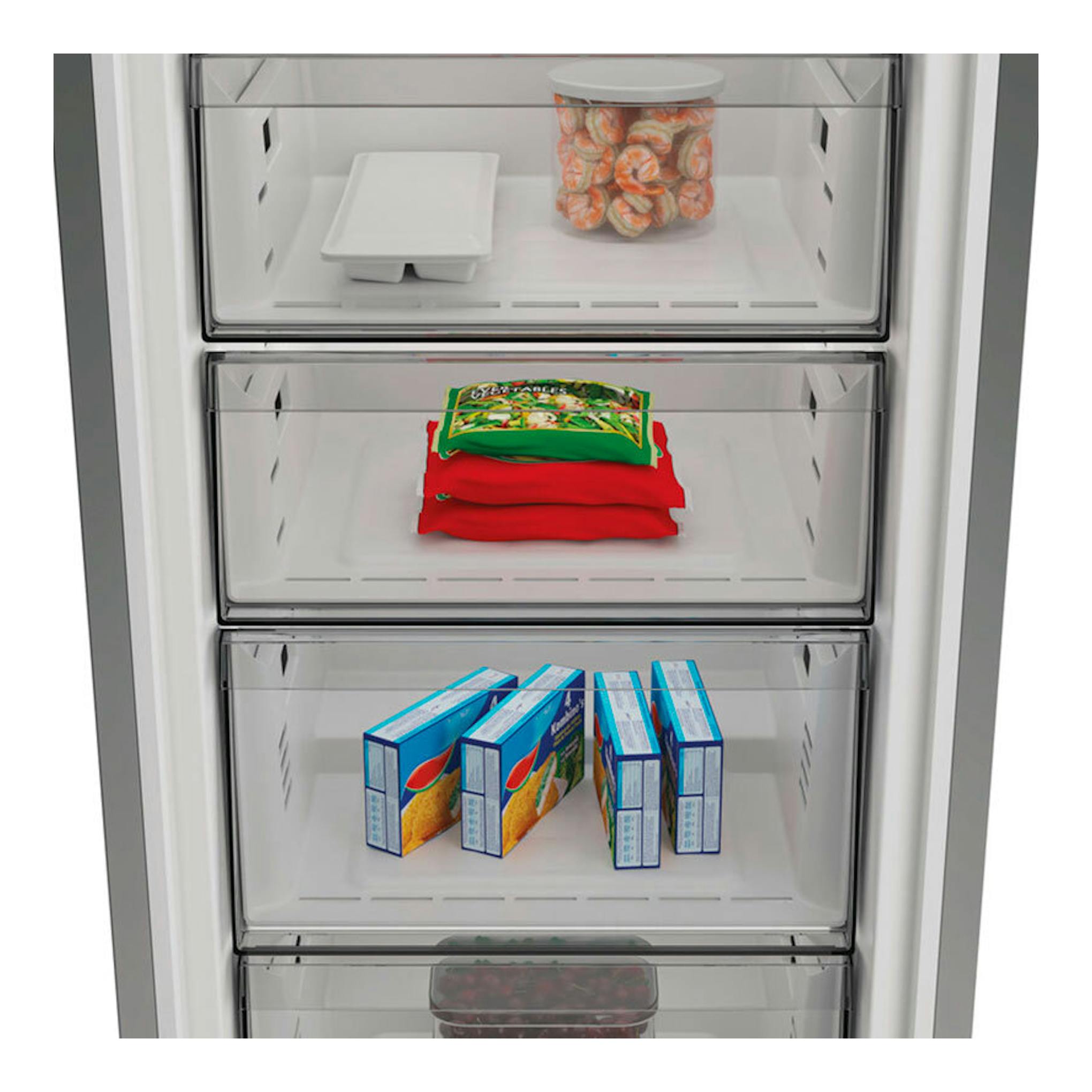 Congelador blanco Whirlpool WHMFF 6312 W4E, vista frontal abierta con cajones transparentes y alimentos.