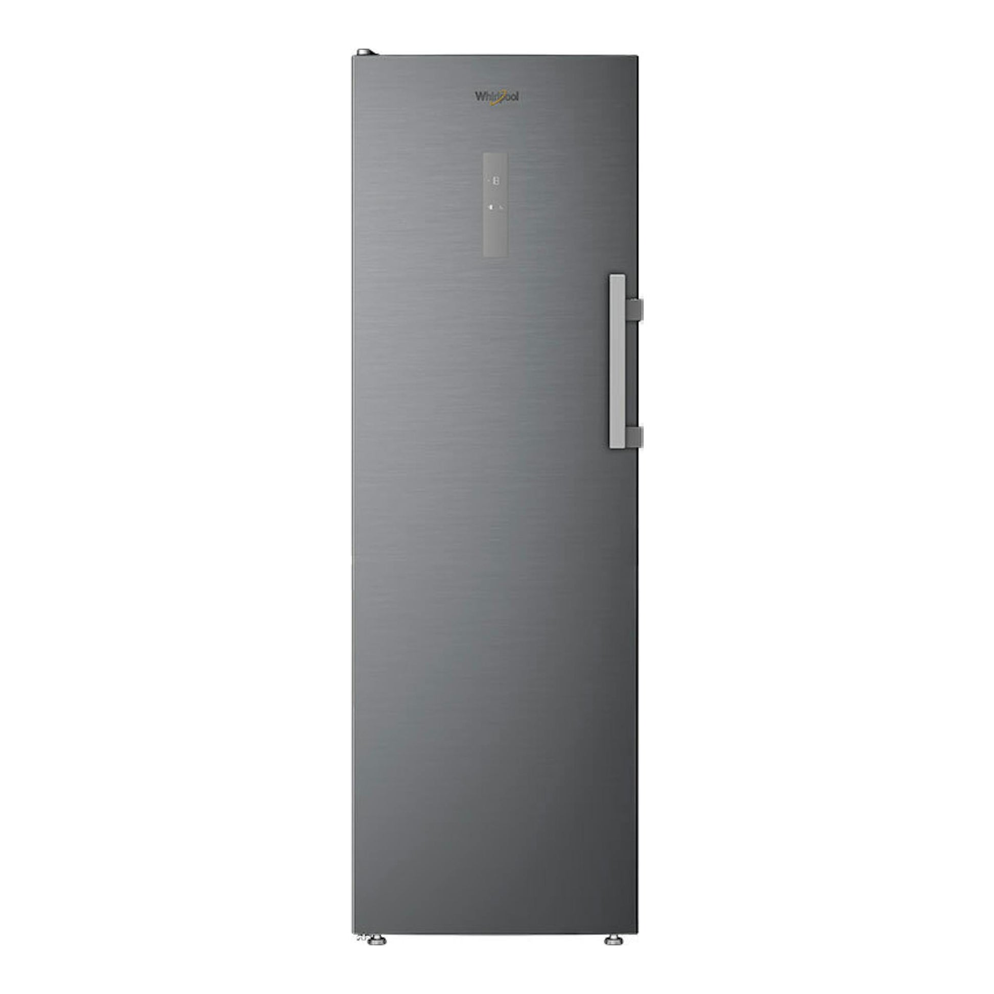 Congelador vertical Whirlpool WHMFF 6312 XP4 inox, vista frontal, puerta gris con asa lateral.