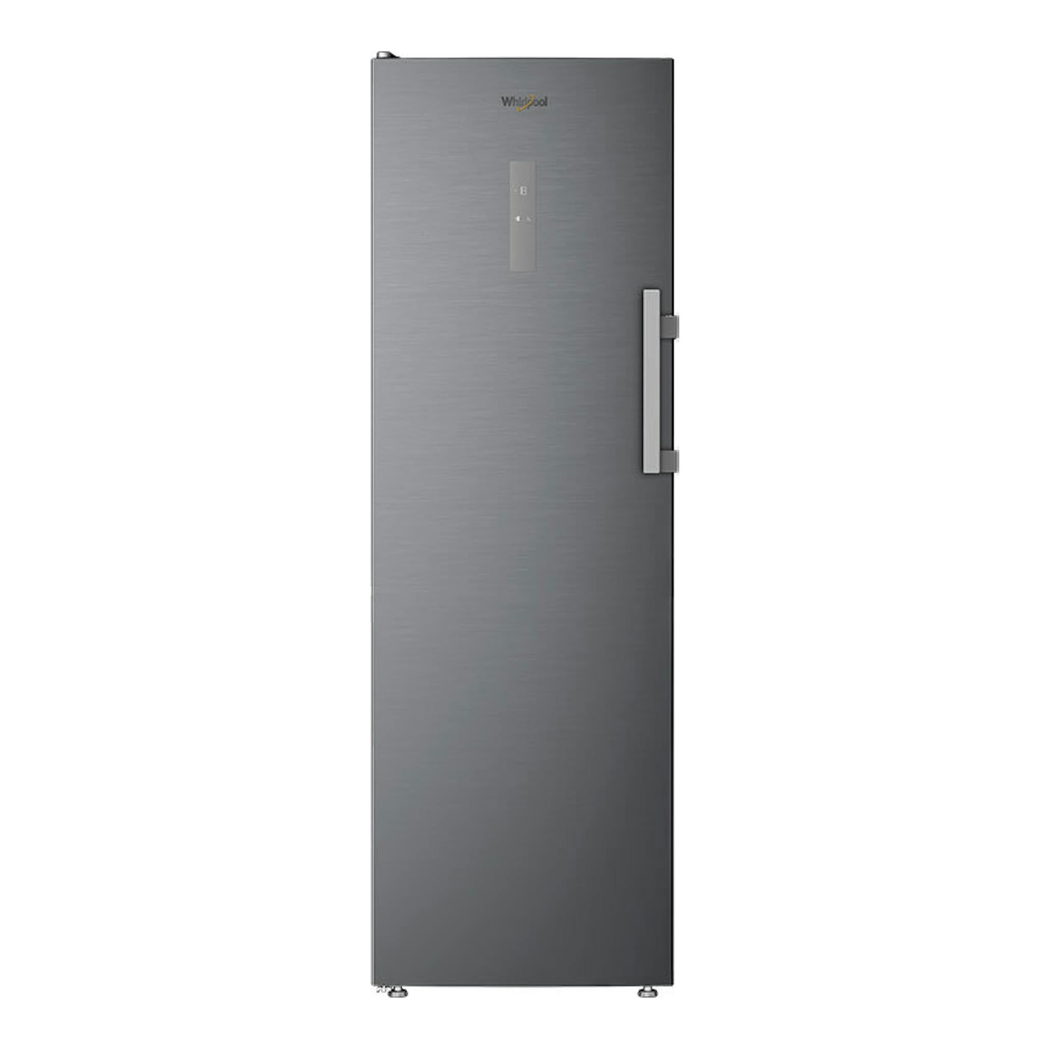 Congelador vertical Whirlpool WHMFF 6312 XP4 inox, vista frontal, puerta gris con asa lateral.