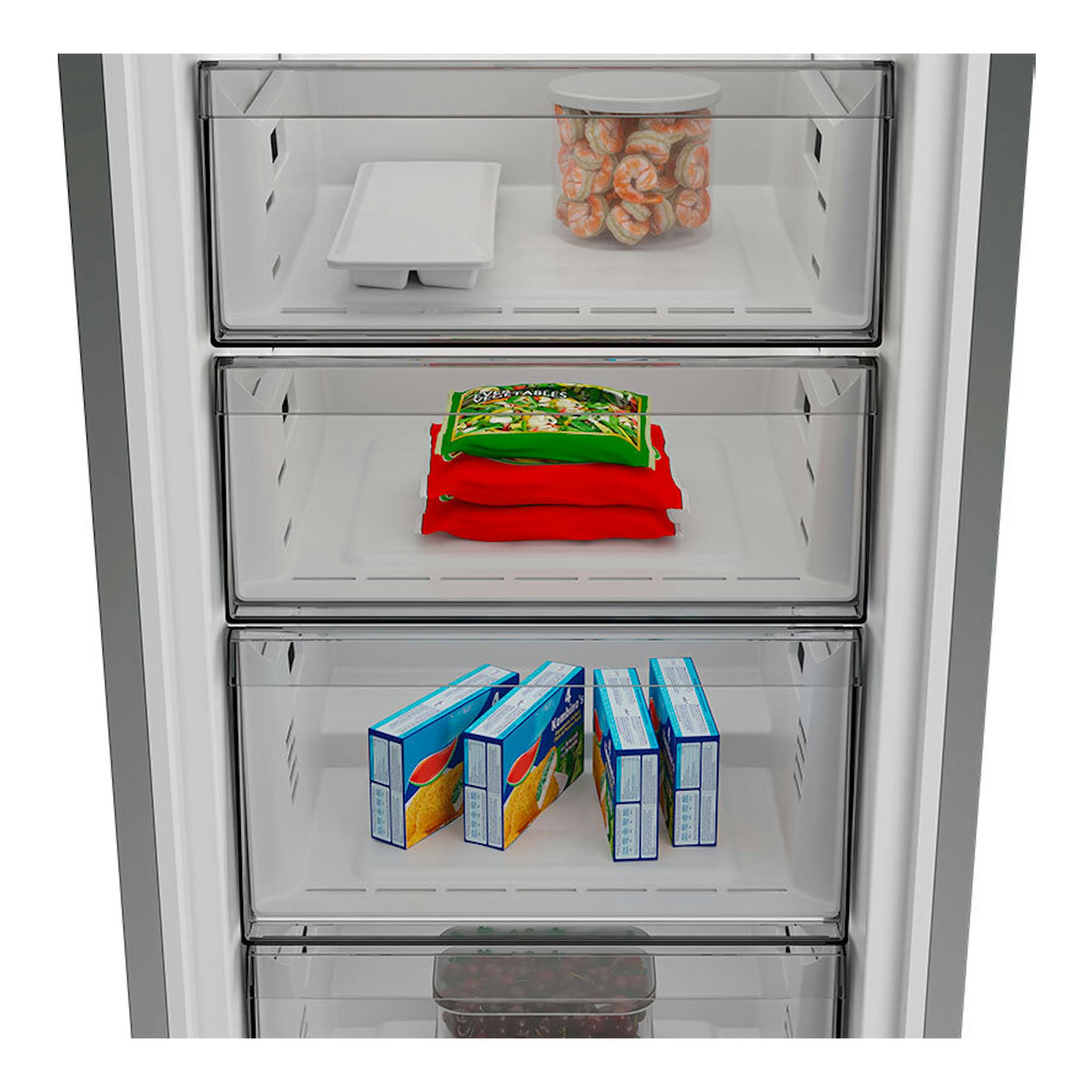 Interior de congelador Whirlpool WHMFF 6312 XP4 inox, vista frontal con cajones y alimentos almacenados.