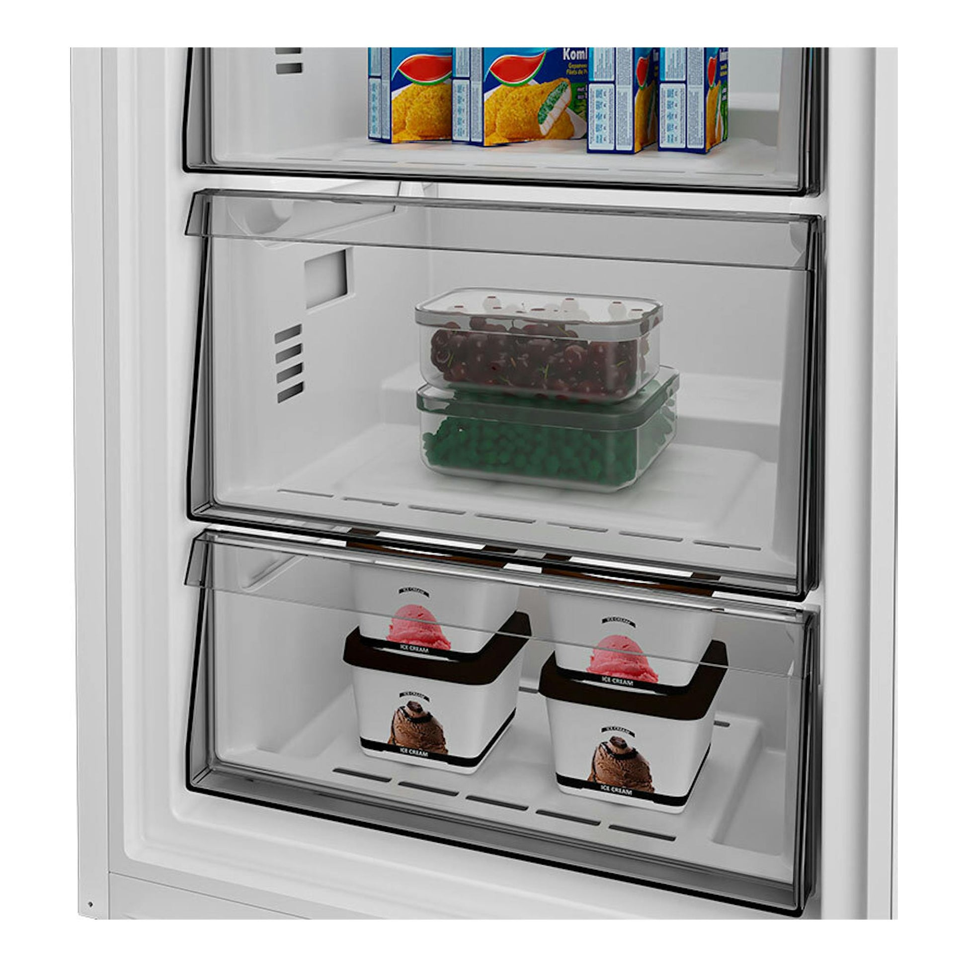 Congelador Whirlpool WHMFF 6312 XP4 inox, interior blanco con cajones transparentes y alimentos congelados.