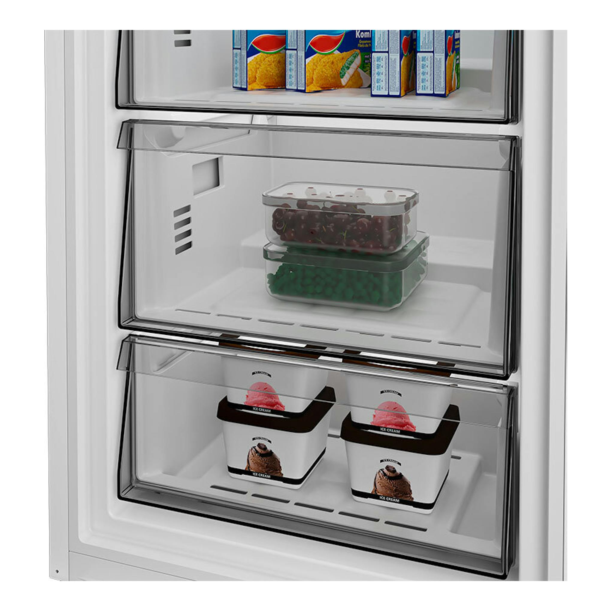 Congelador Whirlpool WHMFF 6312 XP4 inox, interior blanco con cajones transparentes y alimentos congelados.