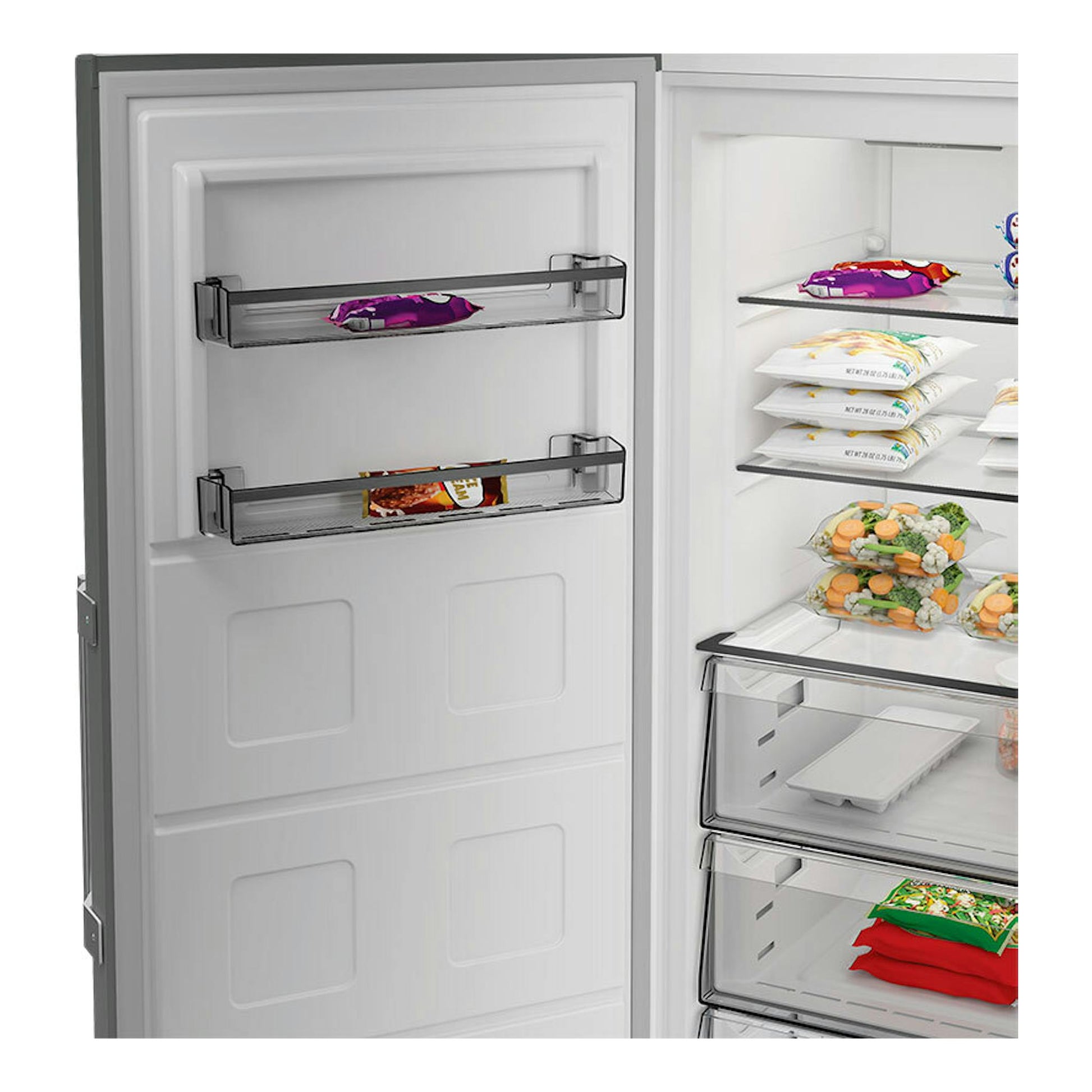 Congelador Whirlpool WHMFF 6312 XP4 Inox, vista frontal con puerta abierta e interior blanco con cajones transparentes.