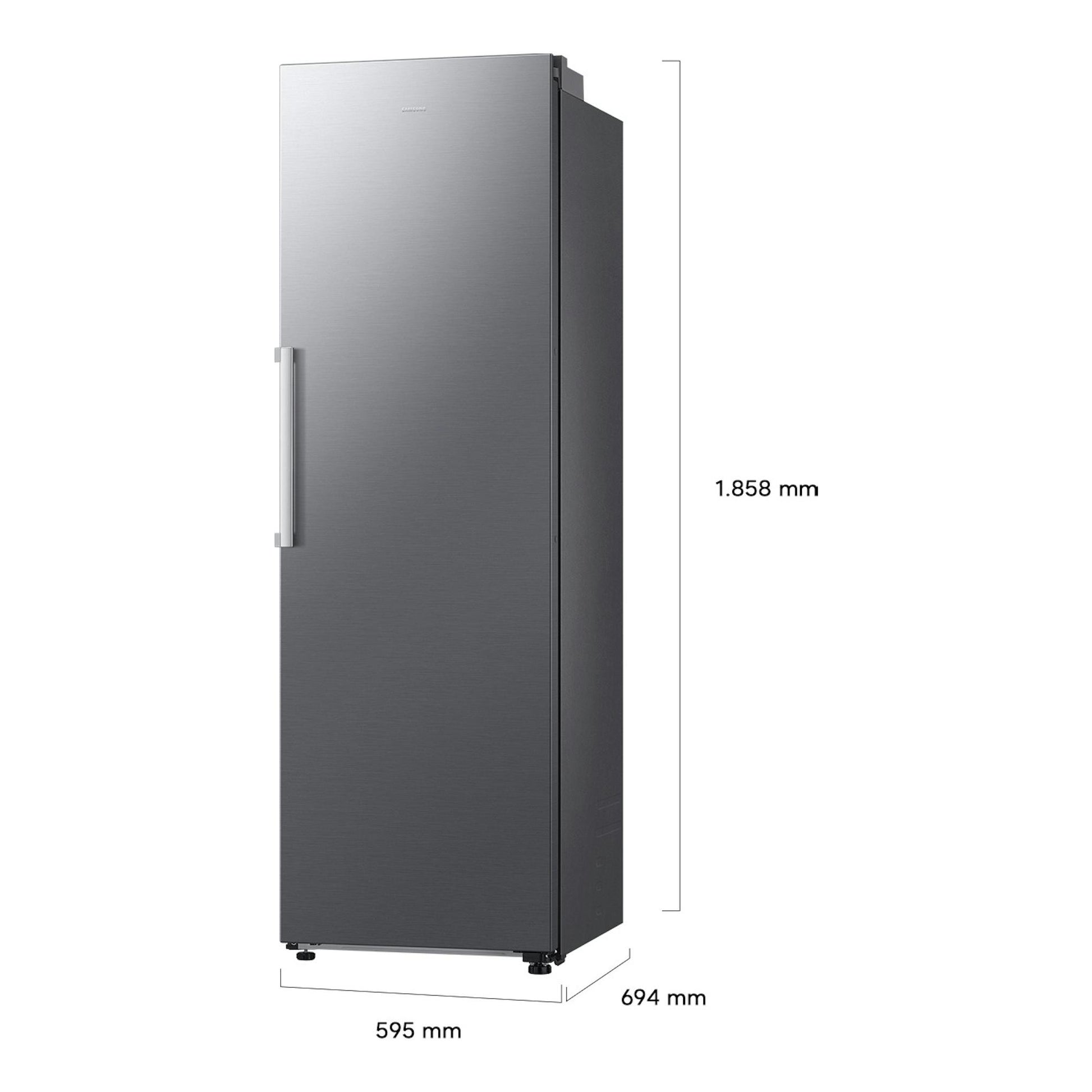 Frigorífico Samsung RR40H39GETEF de 1 puerta, inox, vista frontal con leve ángulo lateral y medidas indicadas.