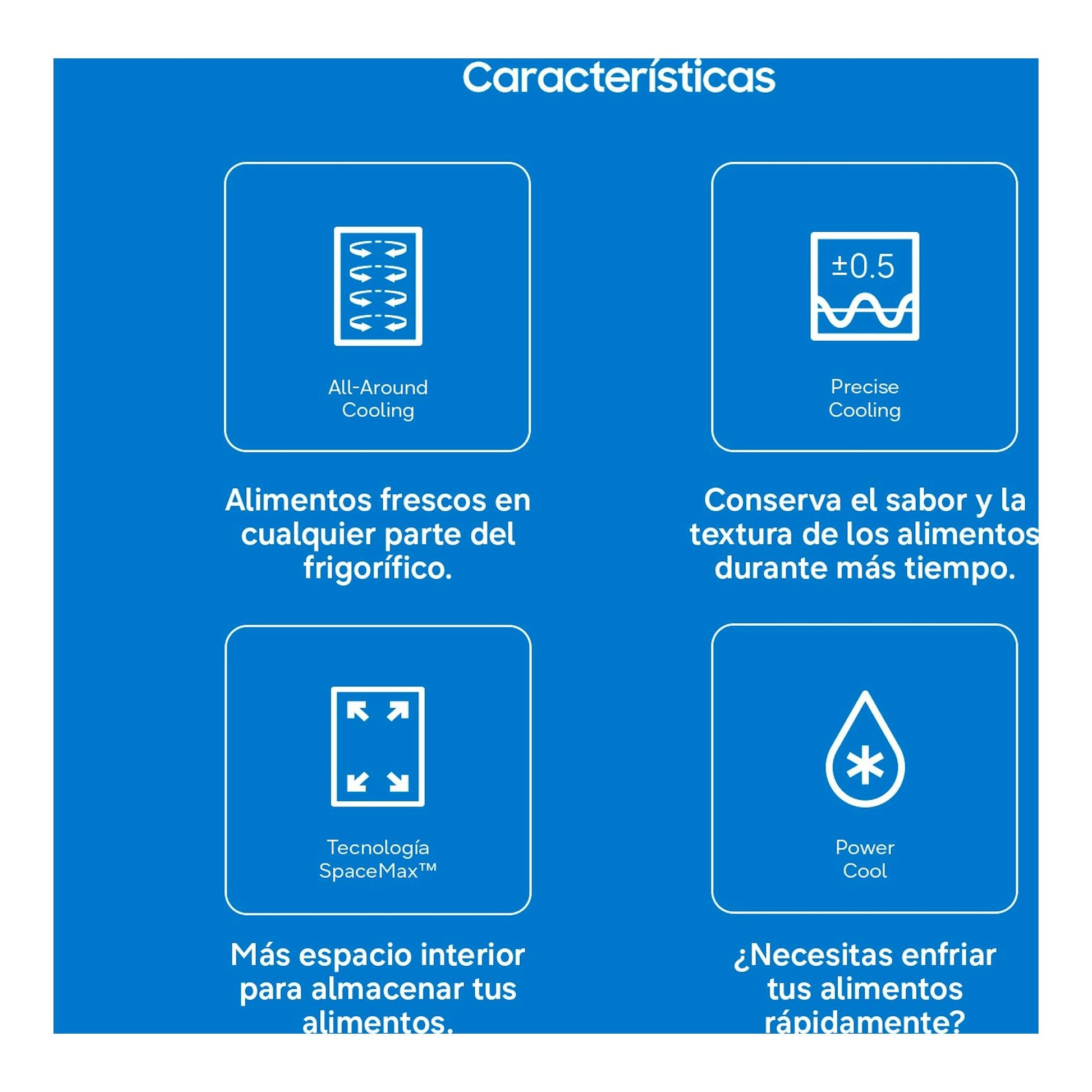 Infografía azul de características del frigorífico Samsung RR40H39GETEF con iconos de All-Around Cooling y SpaceMax.
