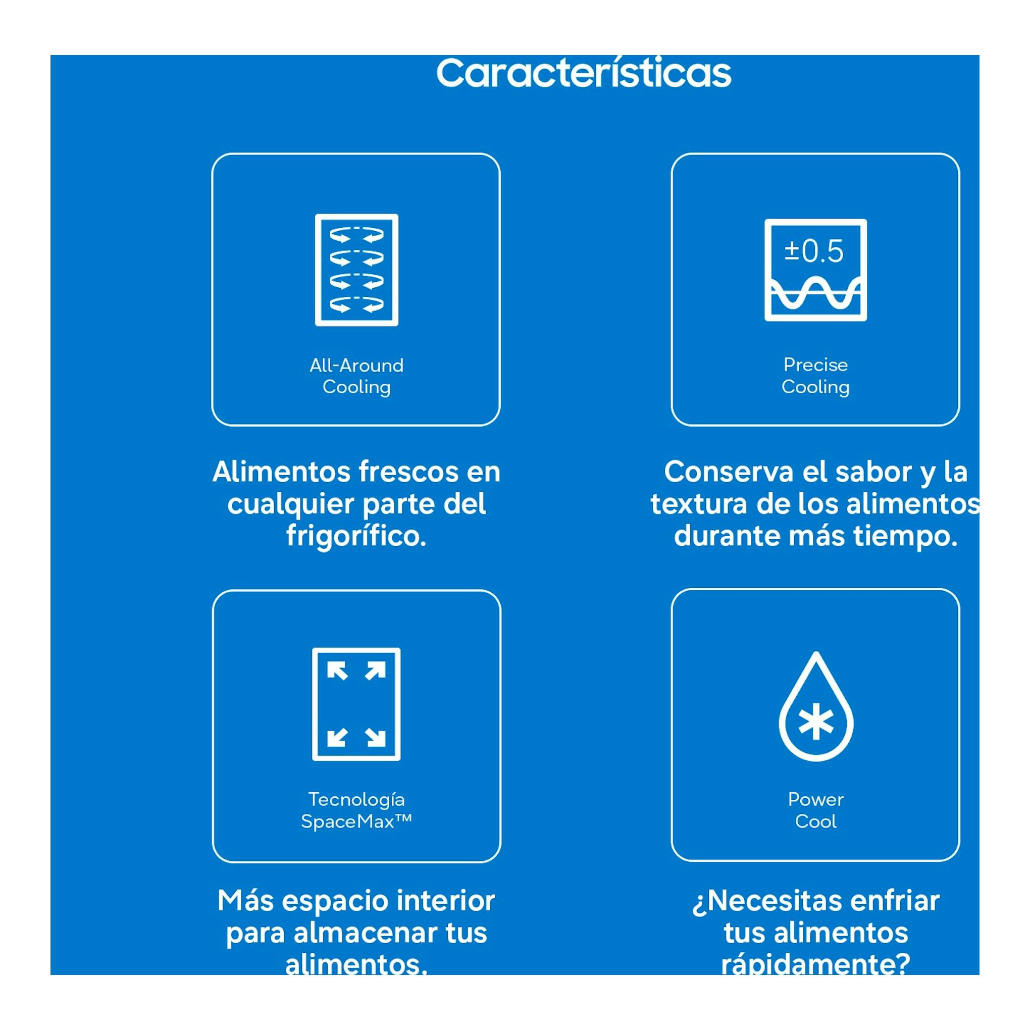 Infografía azul de características del frigorífico Samsung RR40H39GETEF con iconos de All-Around Cooling y SpaceMax.