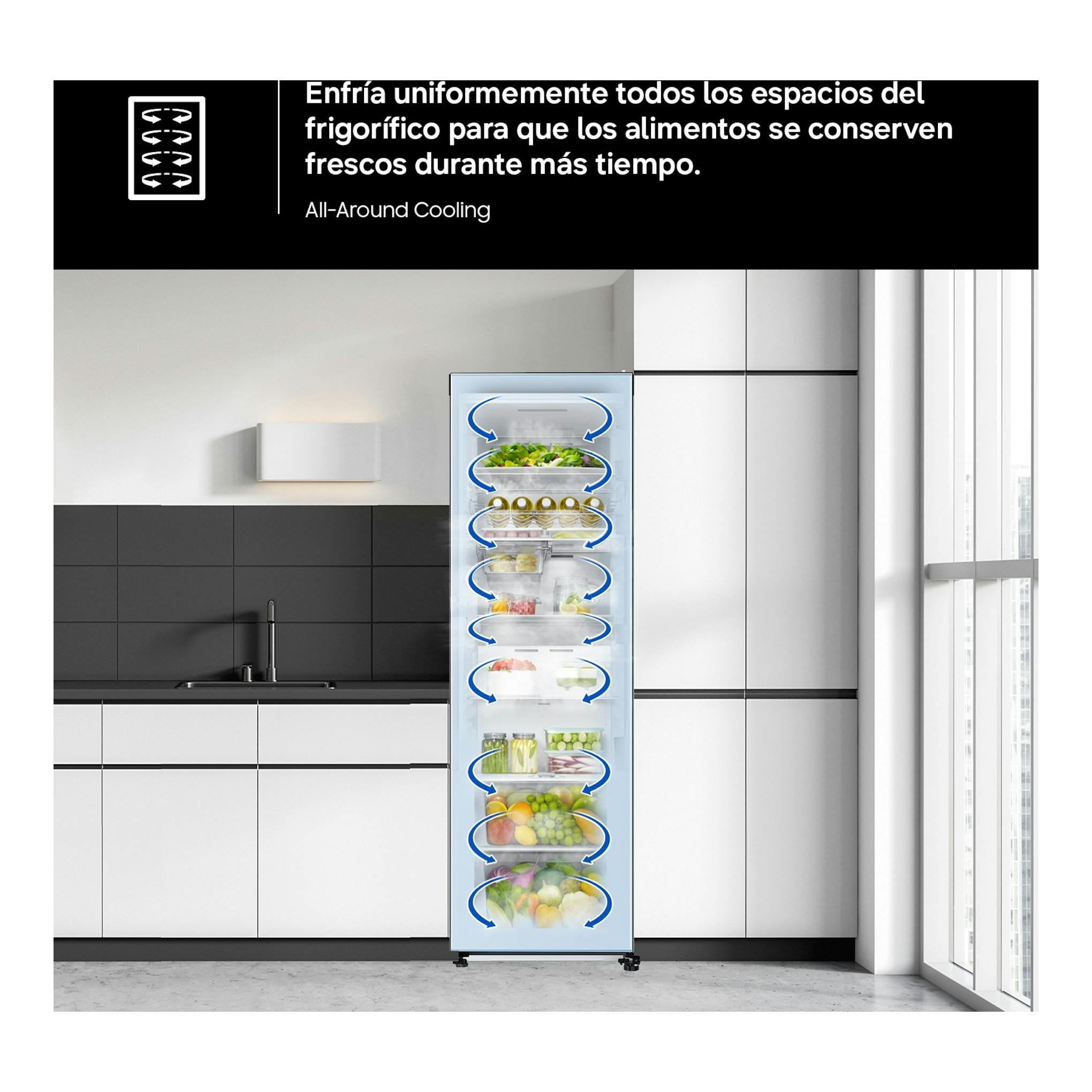 Frigorífico Samsung RR40H39GETEF de una puerta, vista frontal, en cocina moderna, acabado inox.
