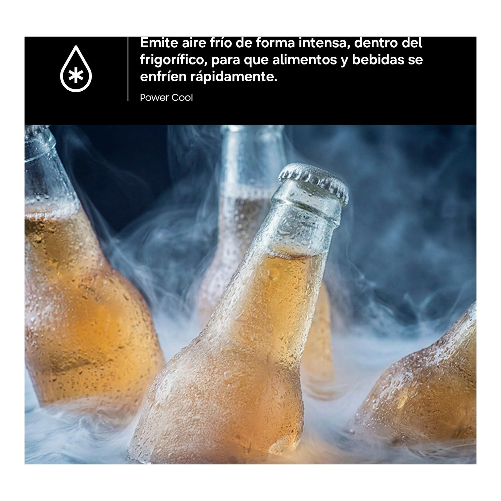 Samsung RR40H39GETEF: gráfico de Power Cool con botellas frías cubiertas de escarcha y vapor.