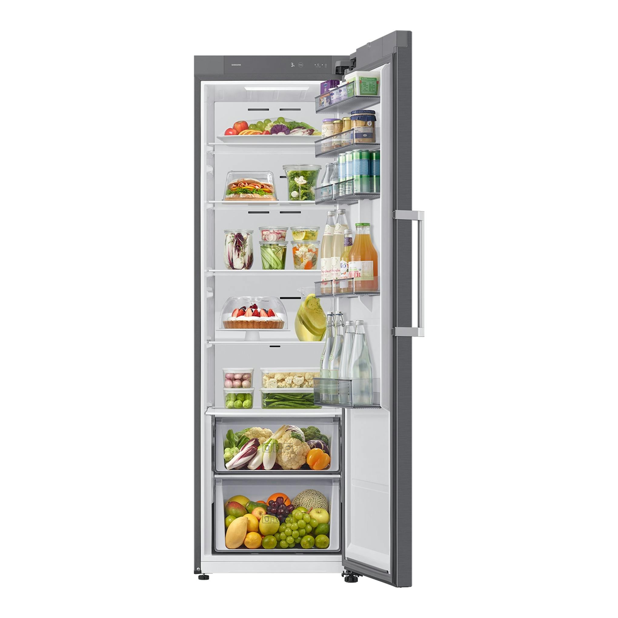 Frigorífico Samsung RR40H39GETEF inox, vista frontal con la puerta abierta y estantes llenos de alimentos.