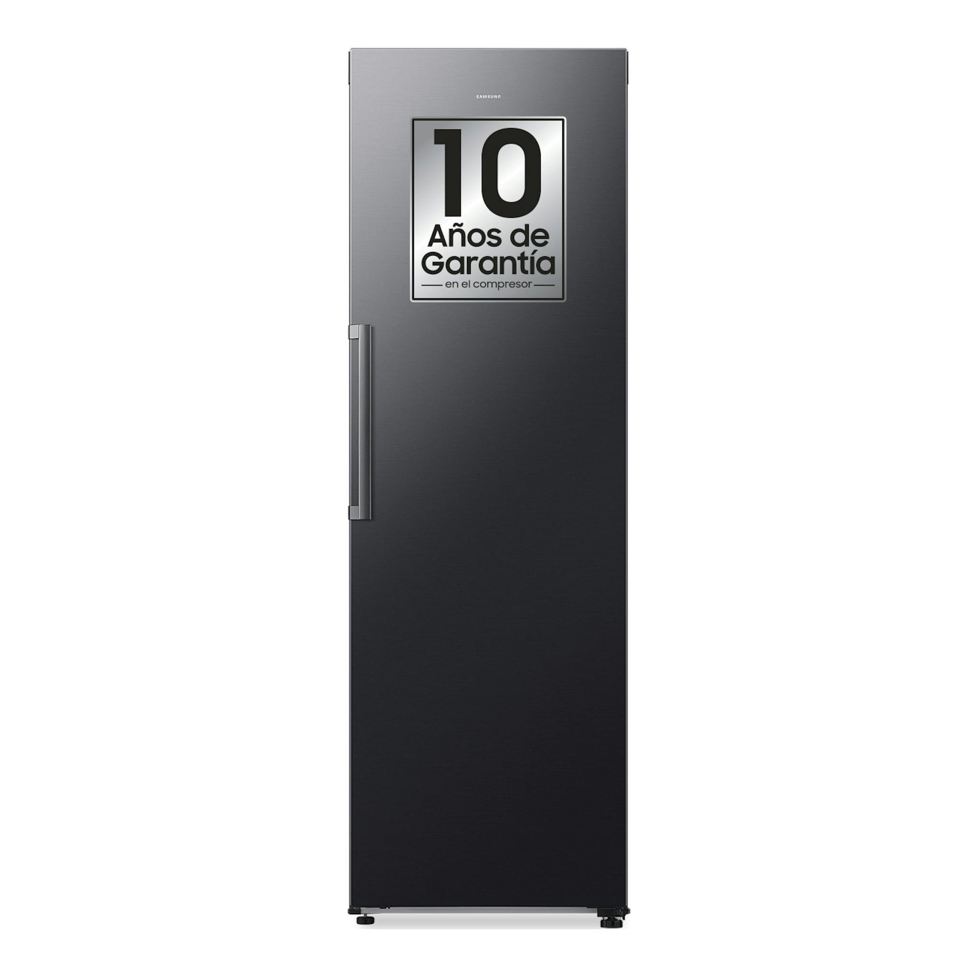 Frigorífico Samsung RR70H39CDFEF de una puerta, gris oscuro, vista frontal, con etiqueta de 10 años de garantía