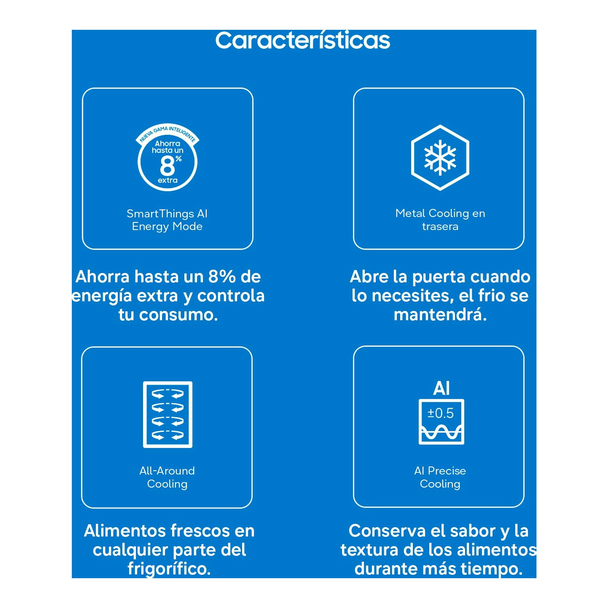 Infografía de características del frigorífico Samsung RR70H39CDFEF con iconos de ahorro, Metal Cooling y AI Cooling.