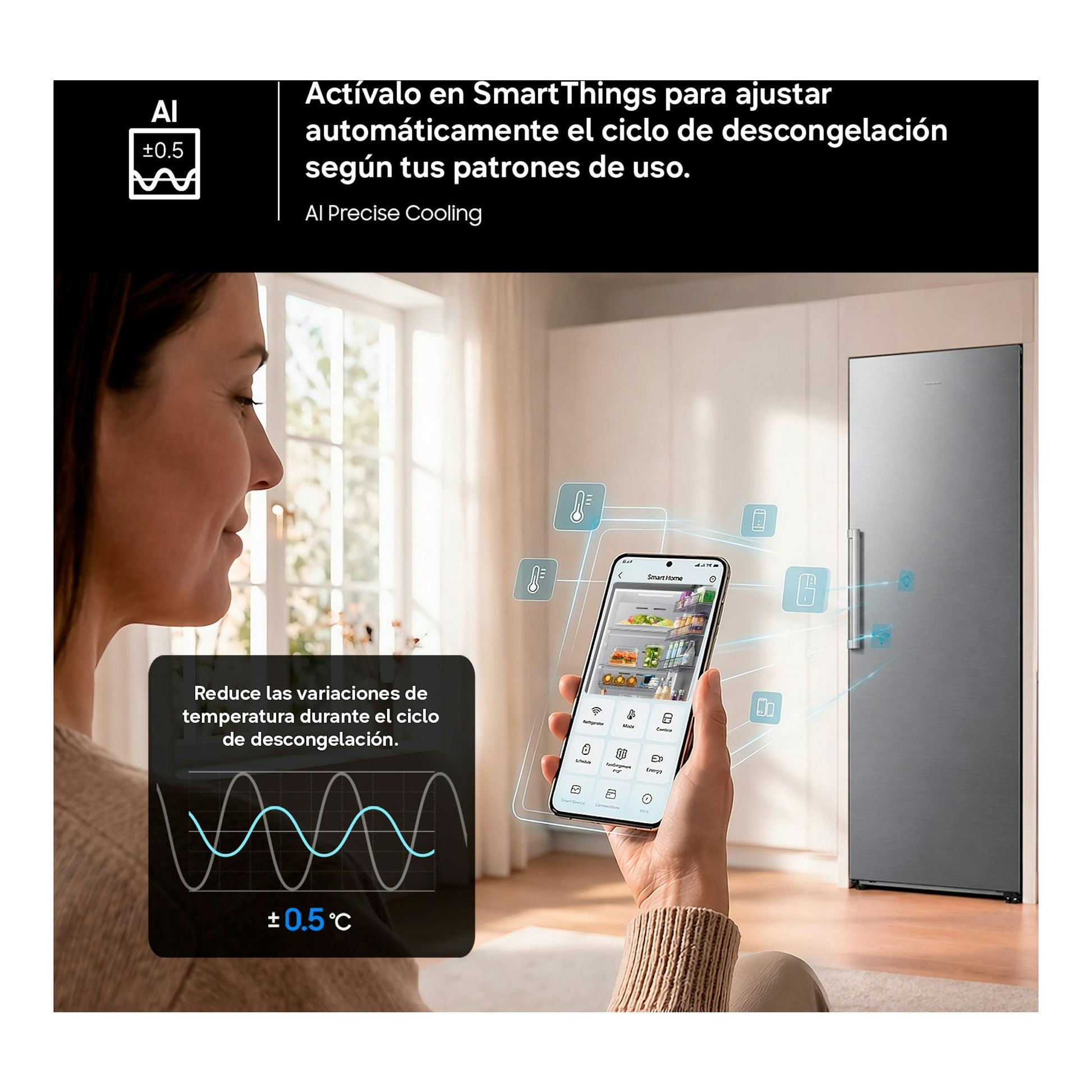 Samsung RR70H39CDFEF, frigorífico plateado de una puerta en vista frontal, con una mujer usando SmartThings.
