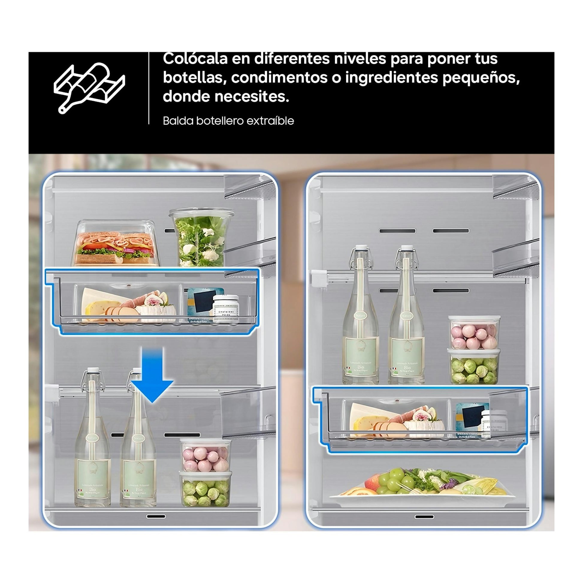 Samsung RR70H39CDFEF: interior frontal de frigorífico blanco con balda botellero extraíble y estantes ajustables.