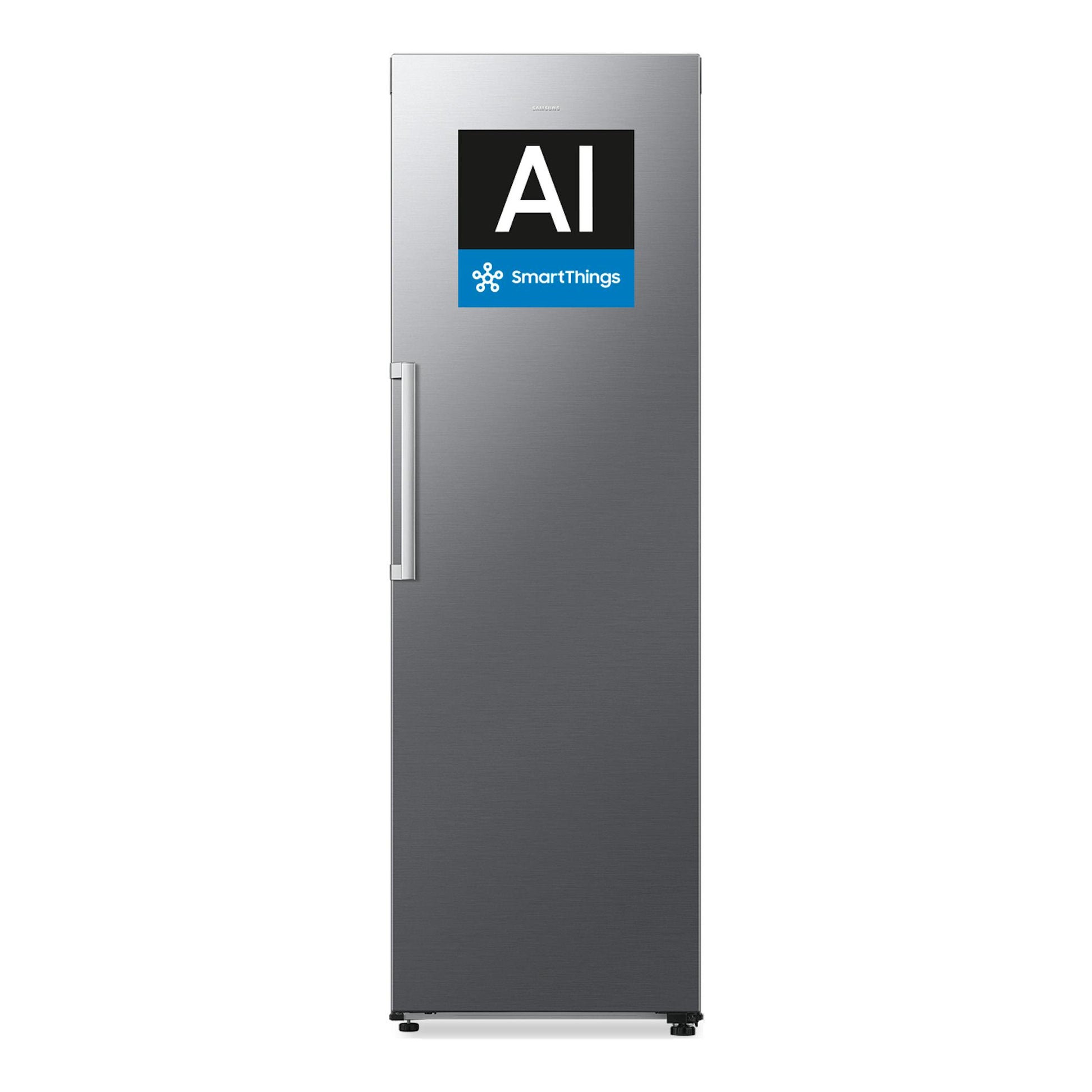 Frigorífico Samsung RR70H39CDTEF de una puerta, inox, vista frontal, con etiqueta AI SmartThings.
