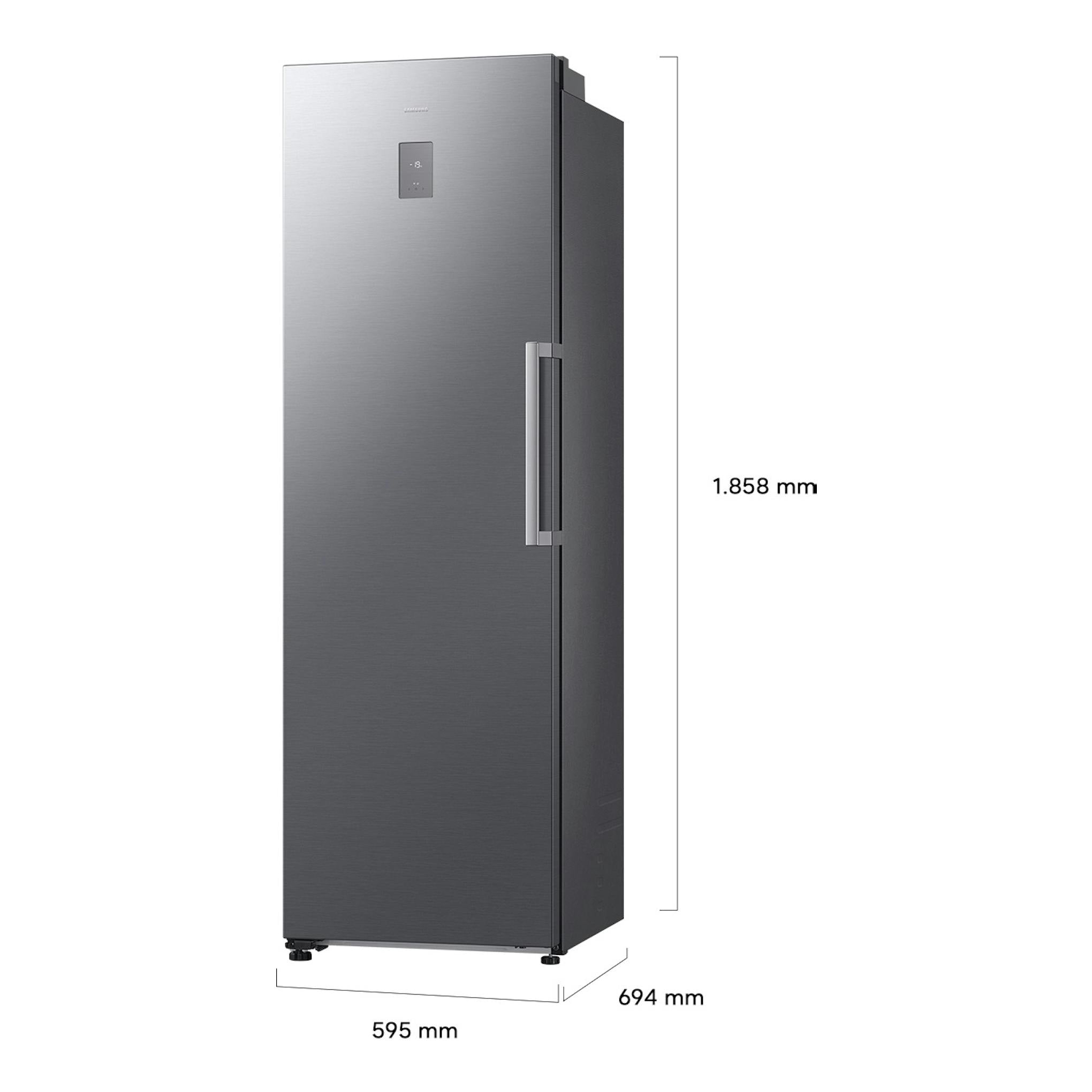 Frigorífico Samsung RR70H39CDTEF de una puerta, inox, vista frontal en ángulo, con medidas indicadas.