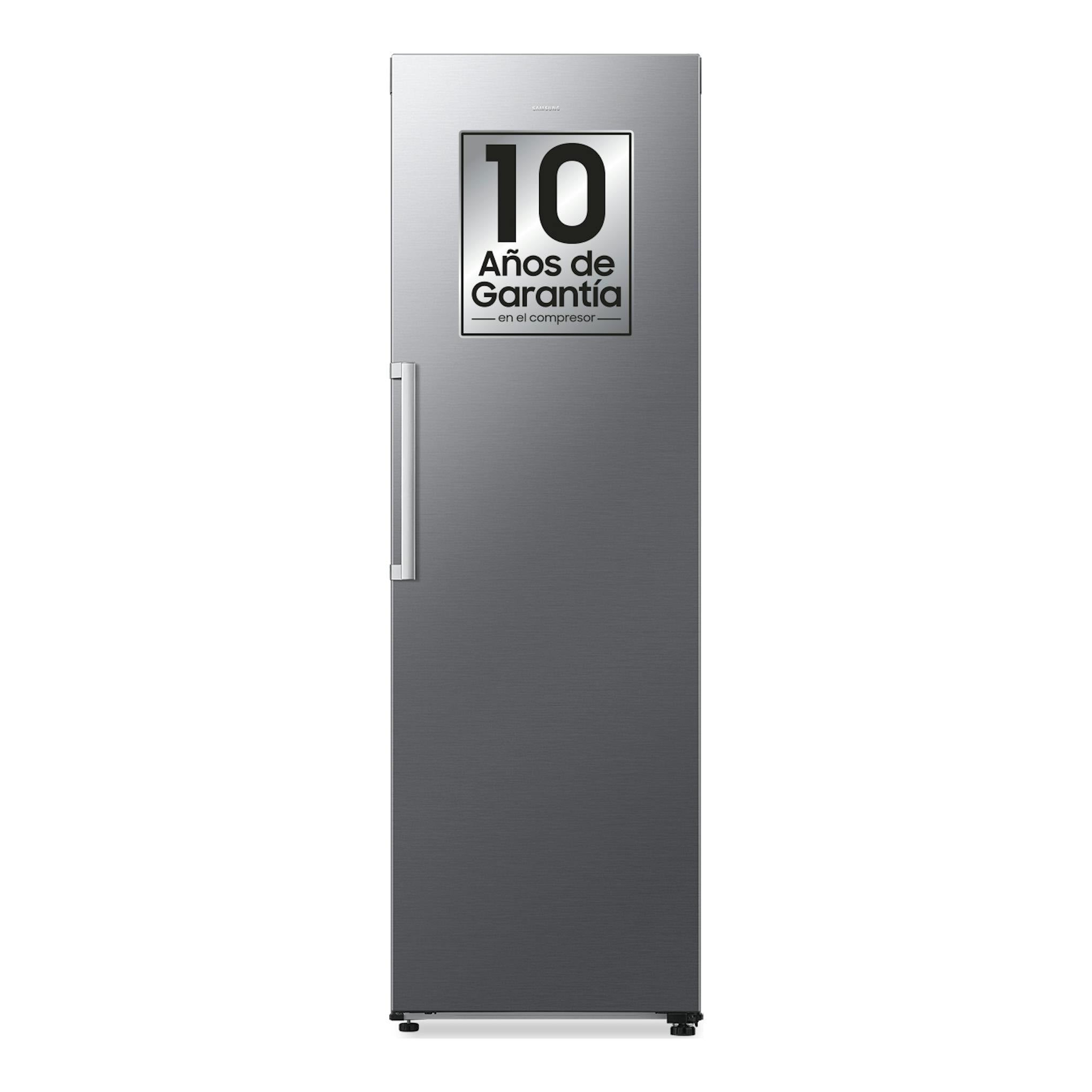 Frigorífico Samsung RR70H39CDTEF, vista frontal, acabado inox, con pegatina de 10 años de garantía.