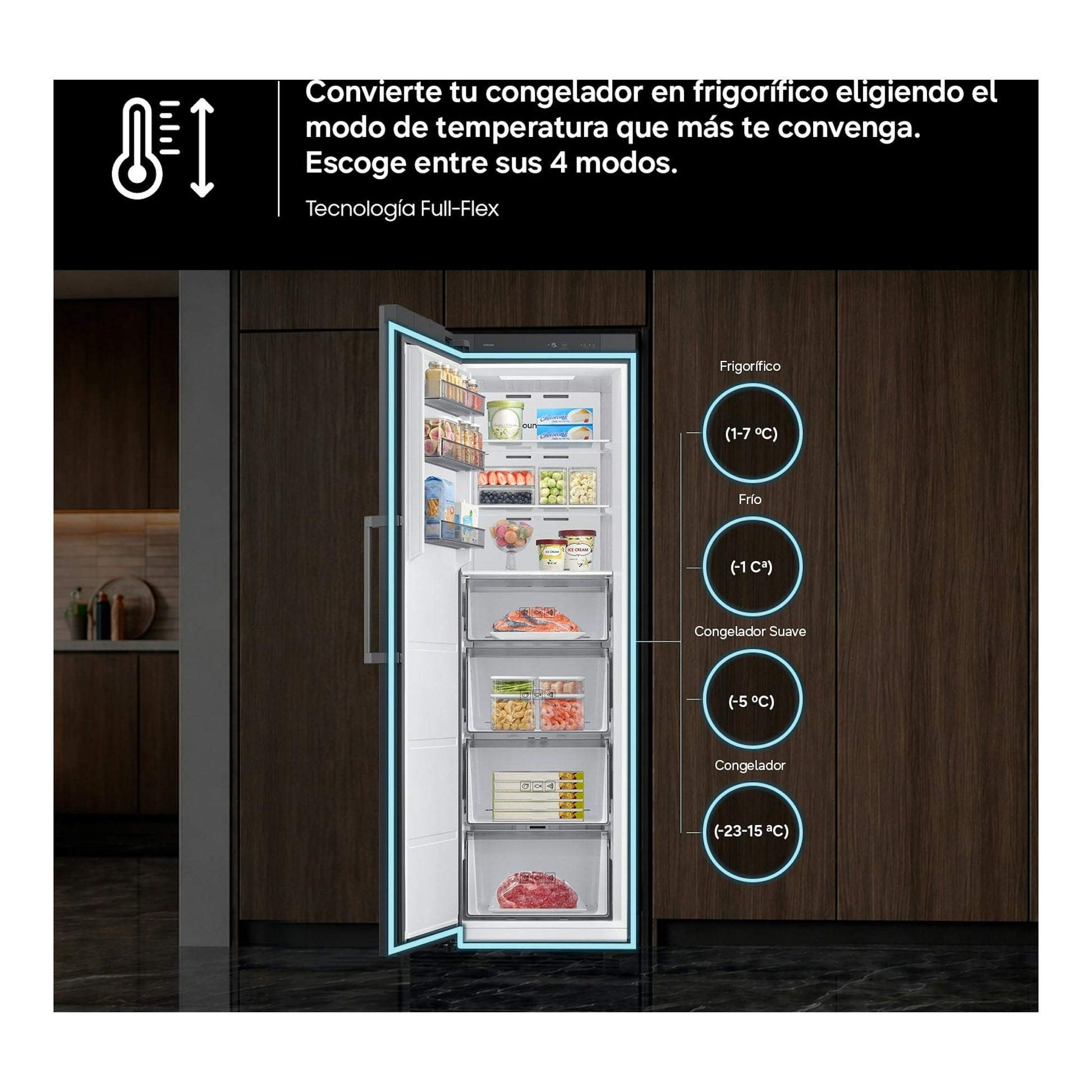 Samsung RR70H39CDTEF, frigorífico de una puerta abierto, vista frontal, con modos de temperatura Full-Flex.