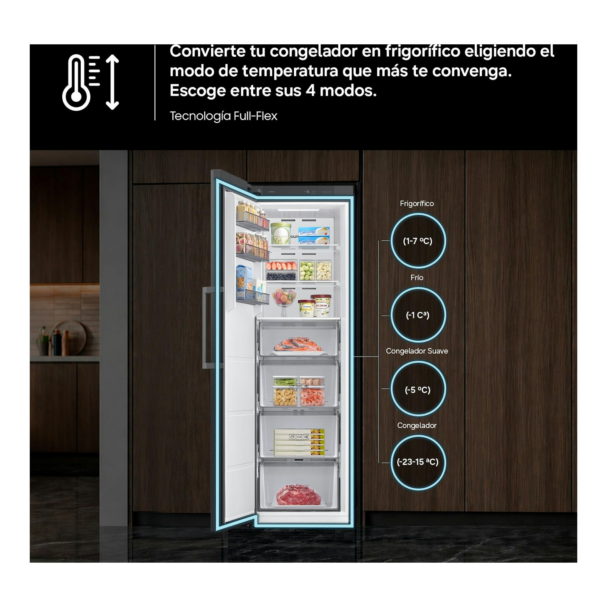 Samsung RR70H39CDTEF, frigorífico de una puerta abierto, vista frontal, con modos de temperatura Full-Flex.