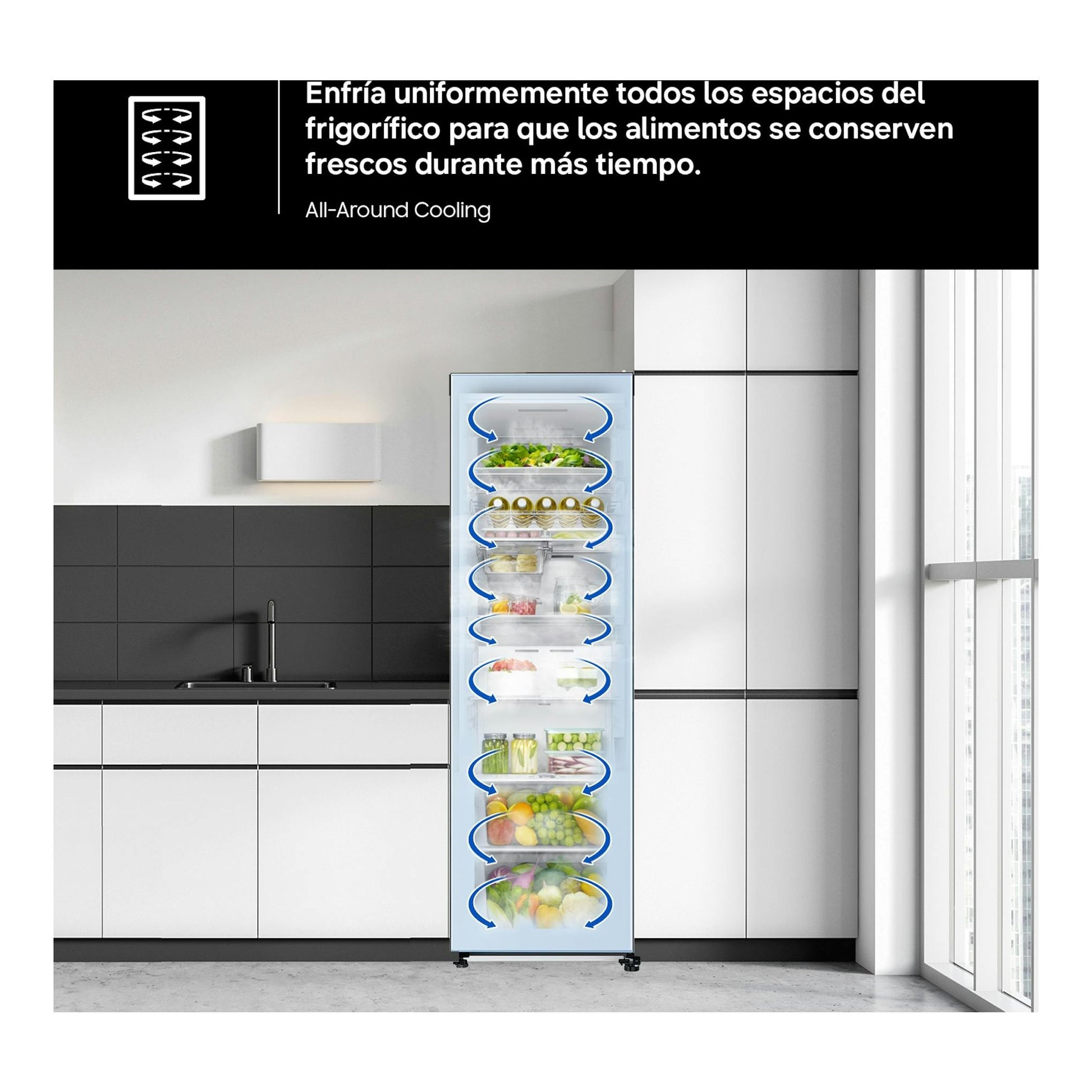 Frigorífico vertical Samsung RR70H39CDTEF de una puerta, color inox, en cocina moderna con vista frontal.