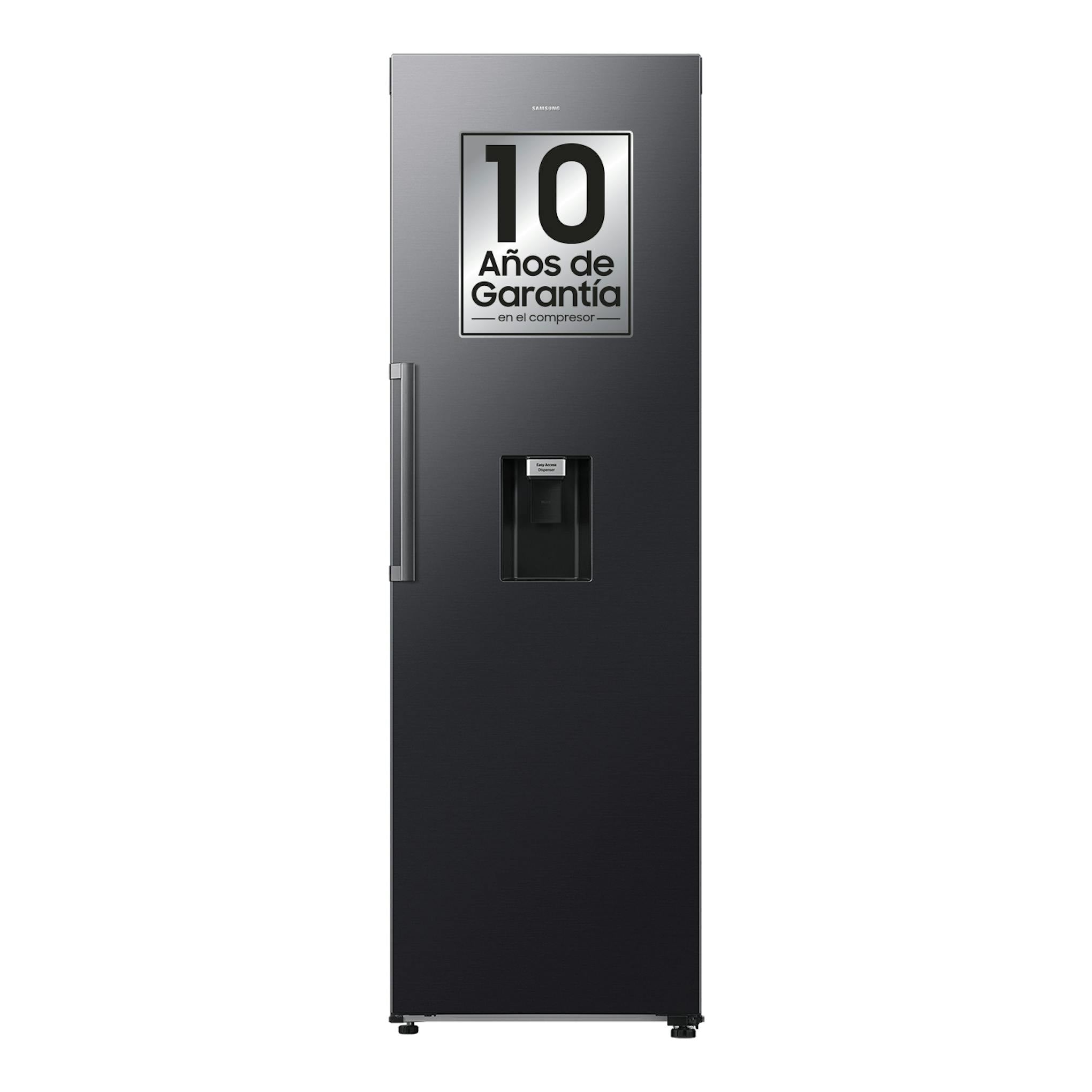 Frigorífico Samsung RR70H39DCFEF de una puerta, gris oscuro, vista frontal, con dispensador y etiqueta de 10 años.