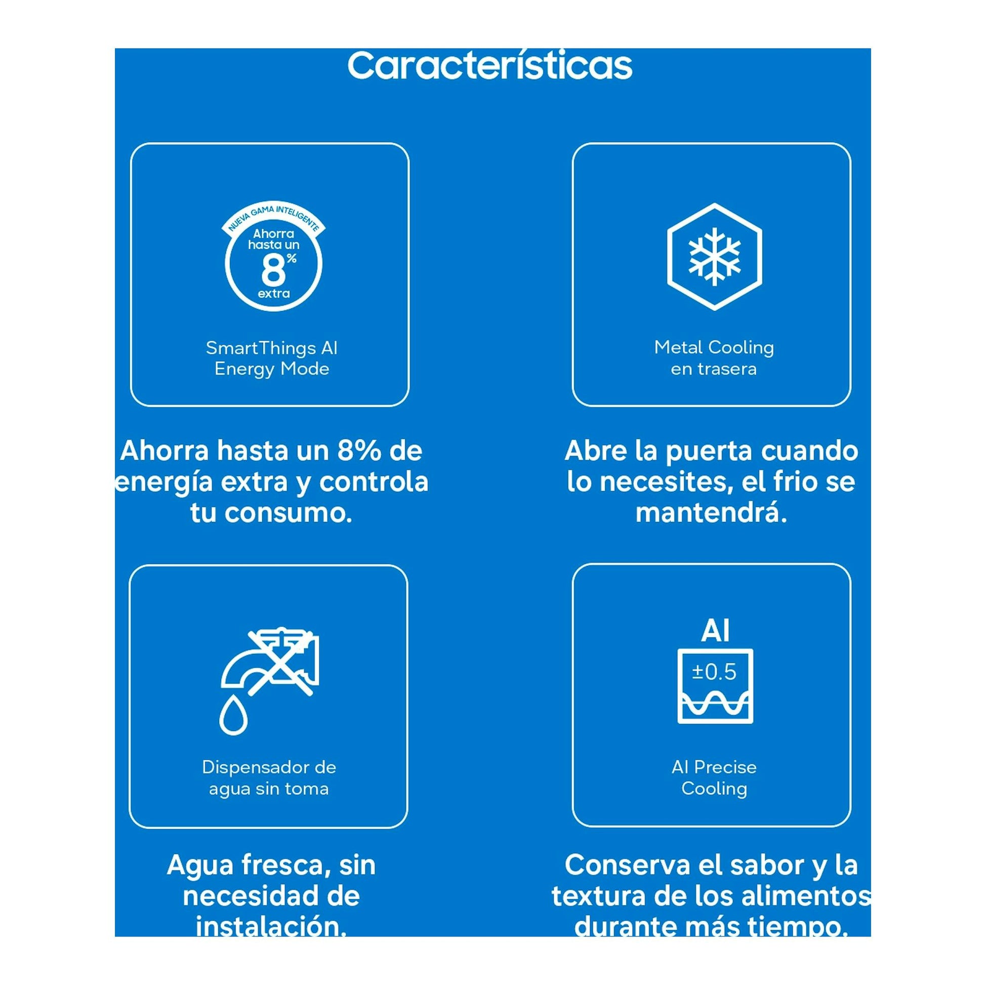 Gráfico de características del frigorífico Samsung RR70H39DCFEF, fondo azul, con iconos de ahorro, Metal Cooling y dispensador.