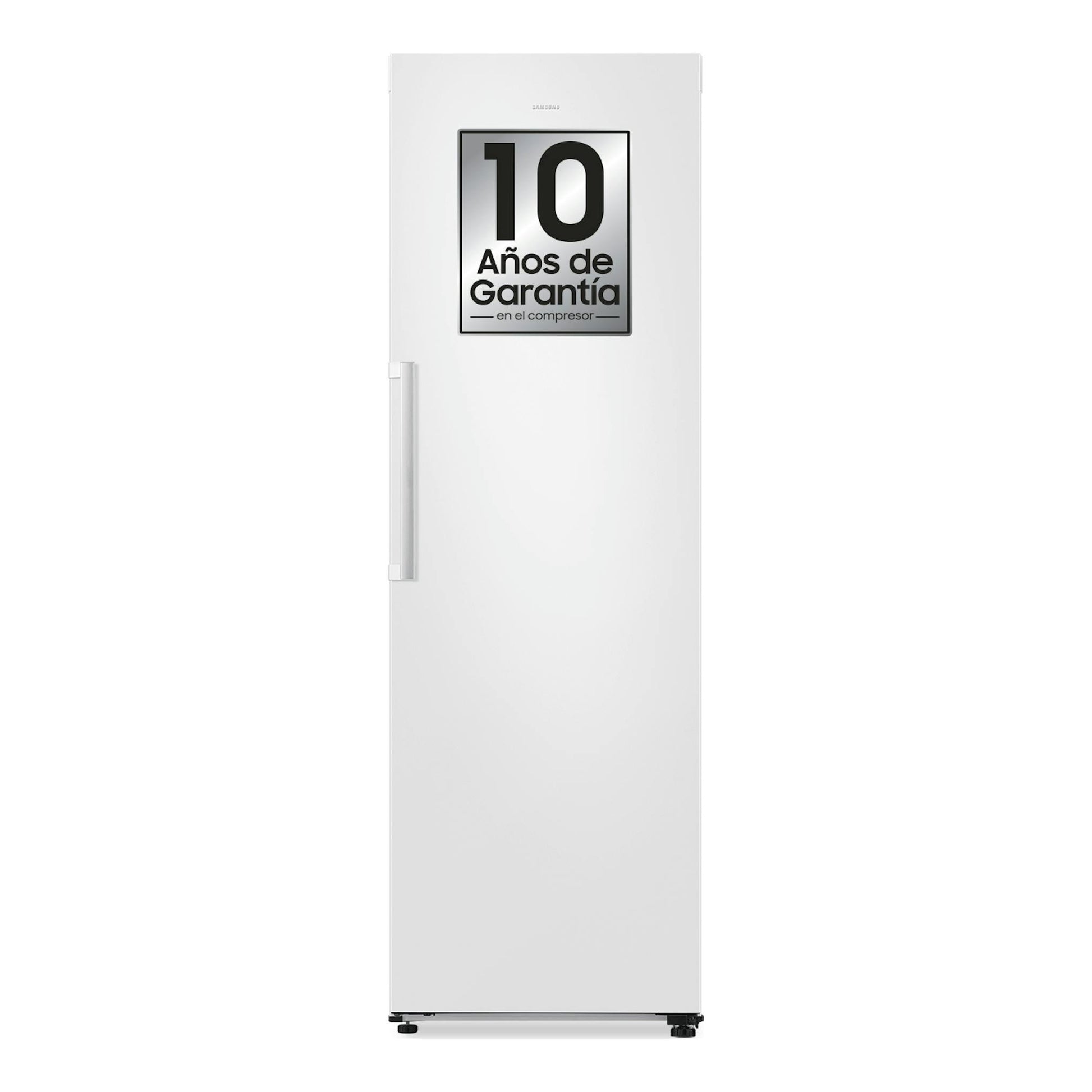Frigorífico Samsung blanco de una puerta, vista frontal, con pegatina de 10 años de garantía en el compresor.